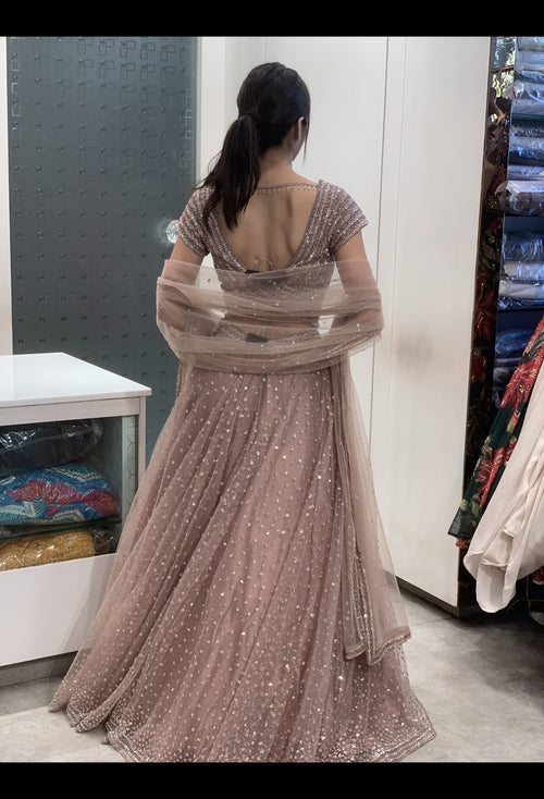 Blush Pink Net All-Over Stone & Sequin Embellished Blouse & Lehenga