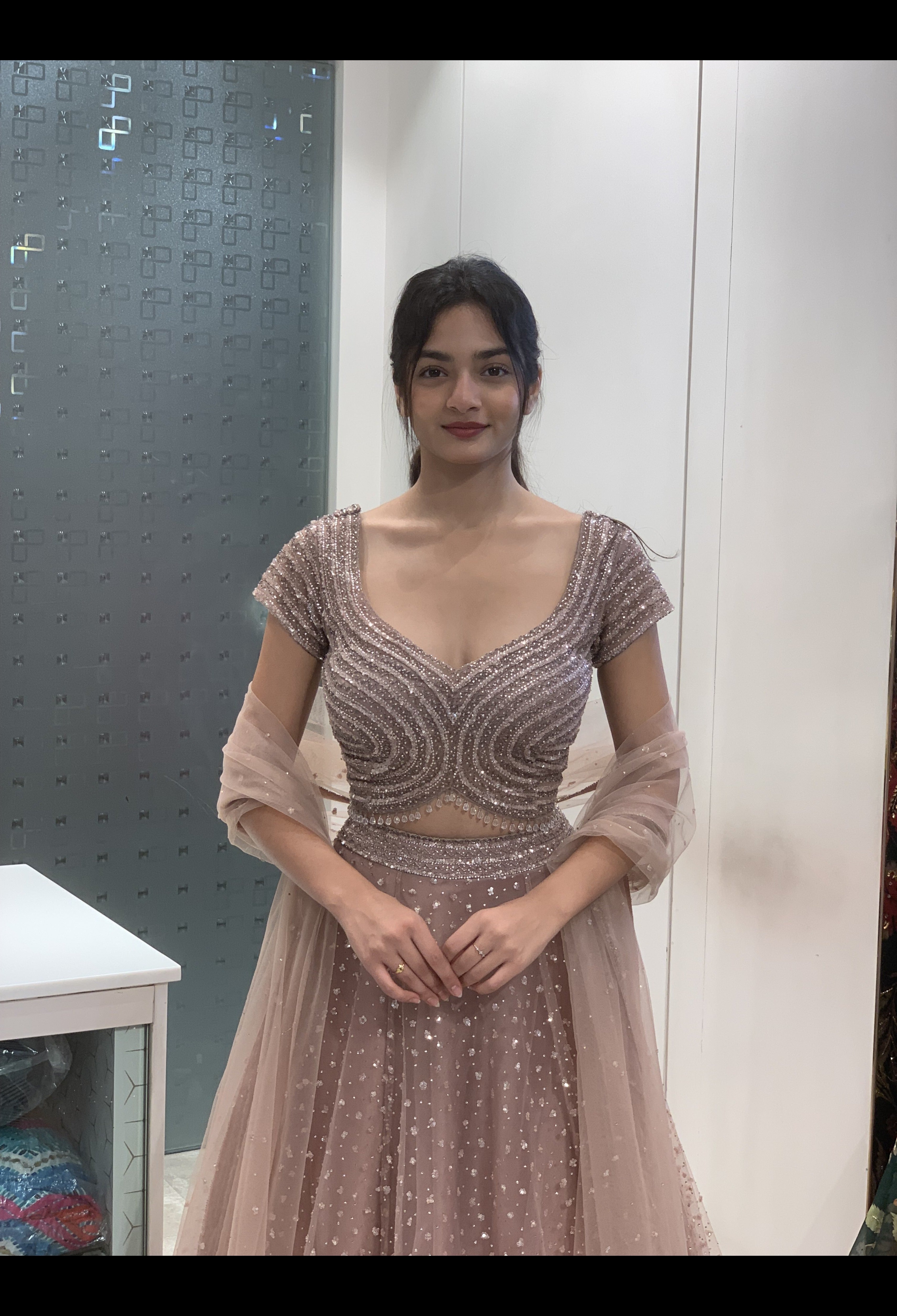 Blush Pink Net All-Over Stone & Sequin Embellished Blouse & Lehenga
