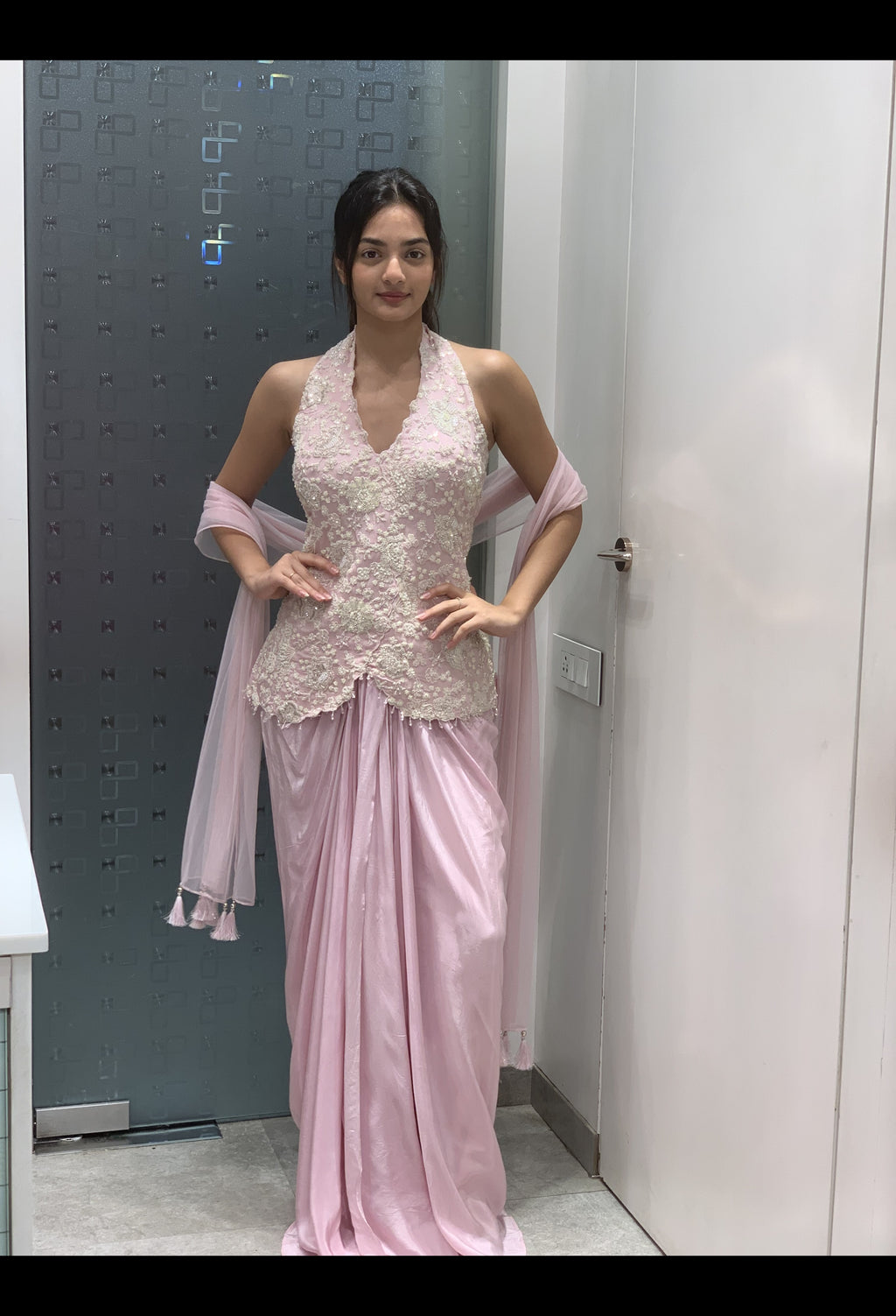 Soft Pink Satin White Thread & Moti Work Halter Neck Top & Drape Skirt Indo Western Set