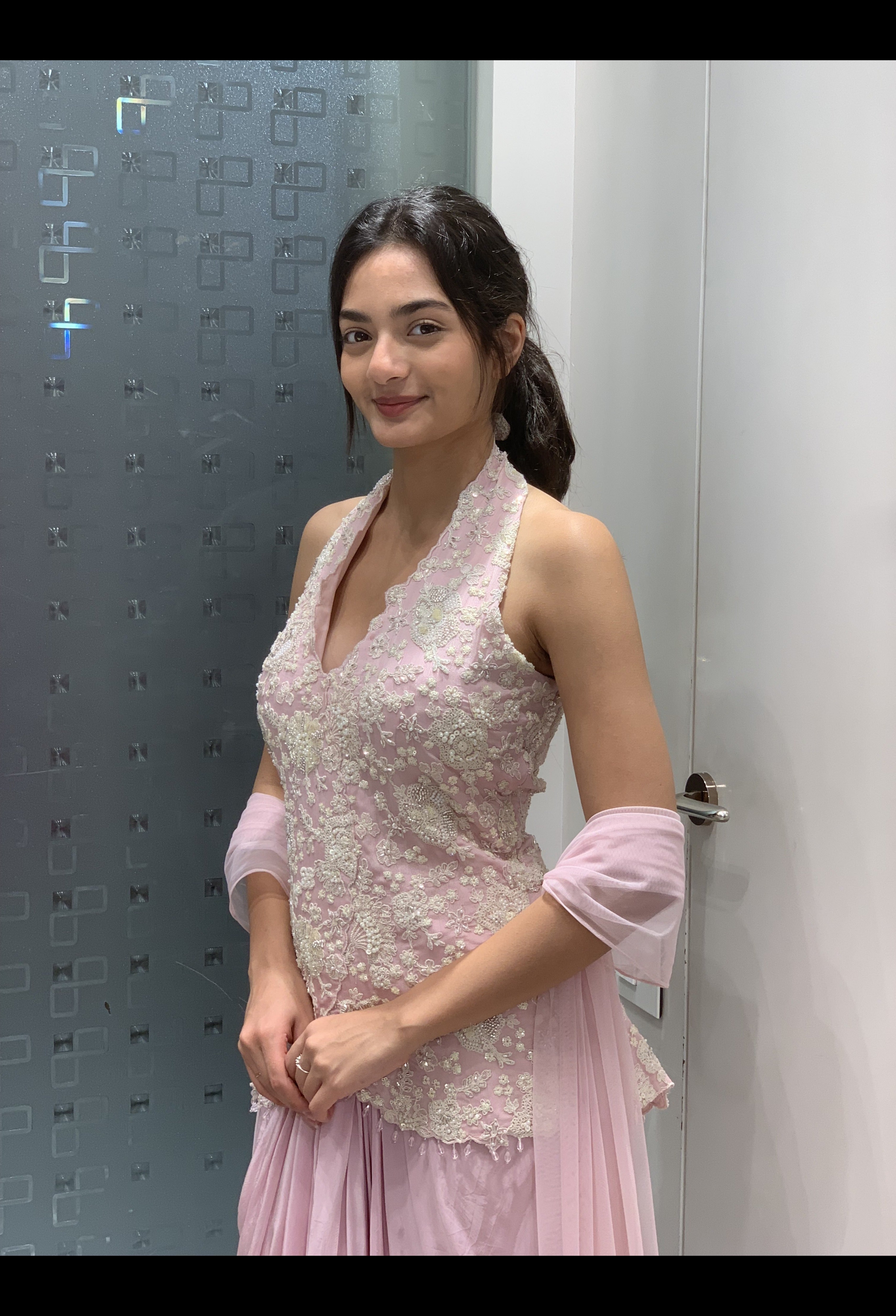 Soft Pink Satin White Thread & Moti Work Halter Neck Top & Drape Skirt Indo Western Set
