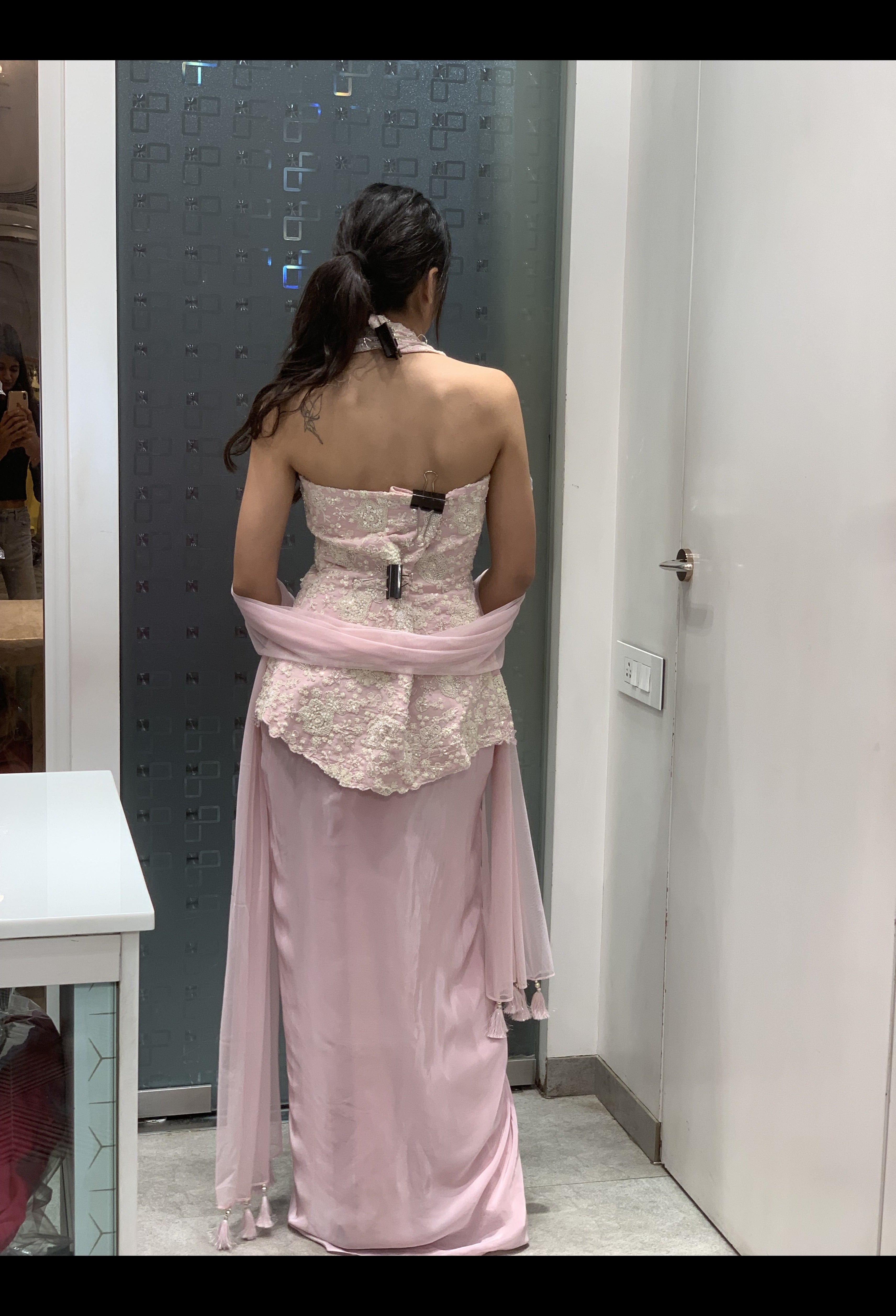 Soft Pink Satin White Thread & Moti Work Halter Neck Top & Drape Skirt Indo Western Set