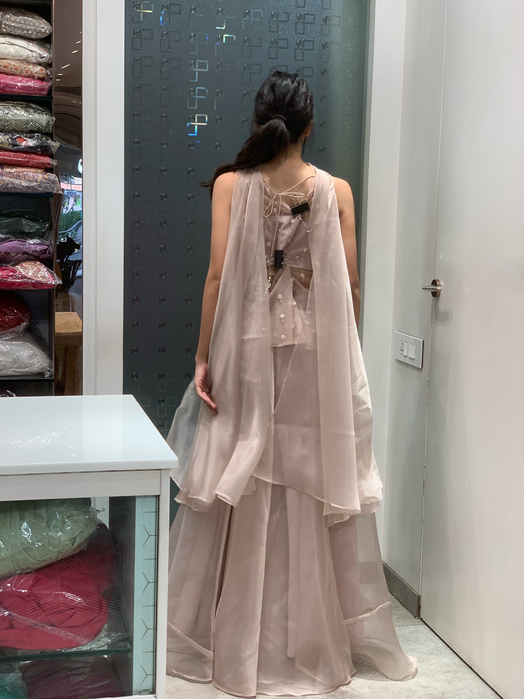 Pink Soft Organza Handwork Butterfly Style Top & Flared Palazzo Pants Indo Western Set