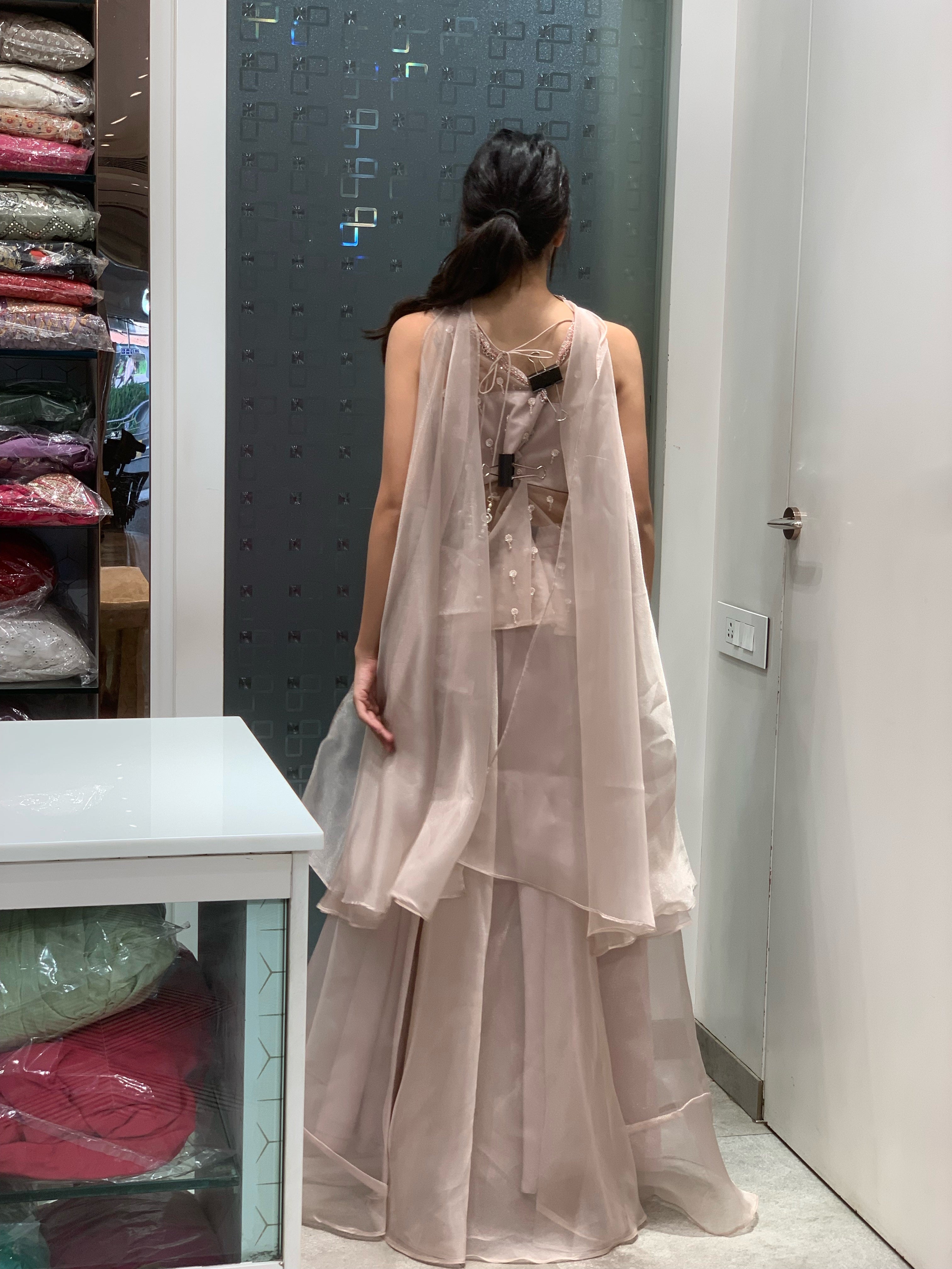 Pink Soft Organza Handwork Butterfly Style Top & Flared Palazzo Pants Indo Western Set