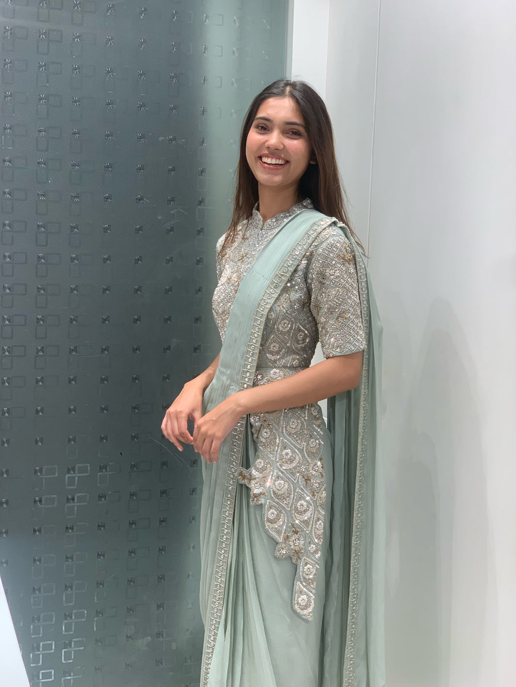 Light Teal Blue Georgette High Low Top & Drape Saree