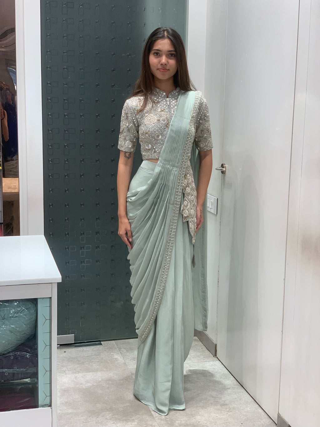 Light Teal Blue Georgette High Low Top & Drape Saree