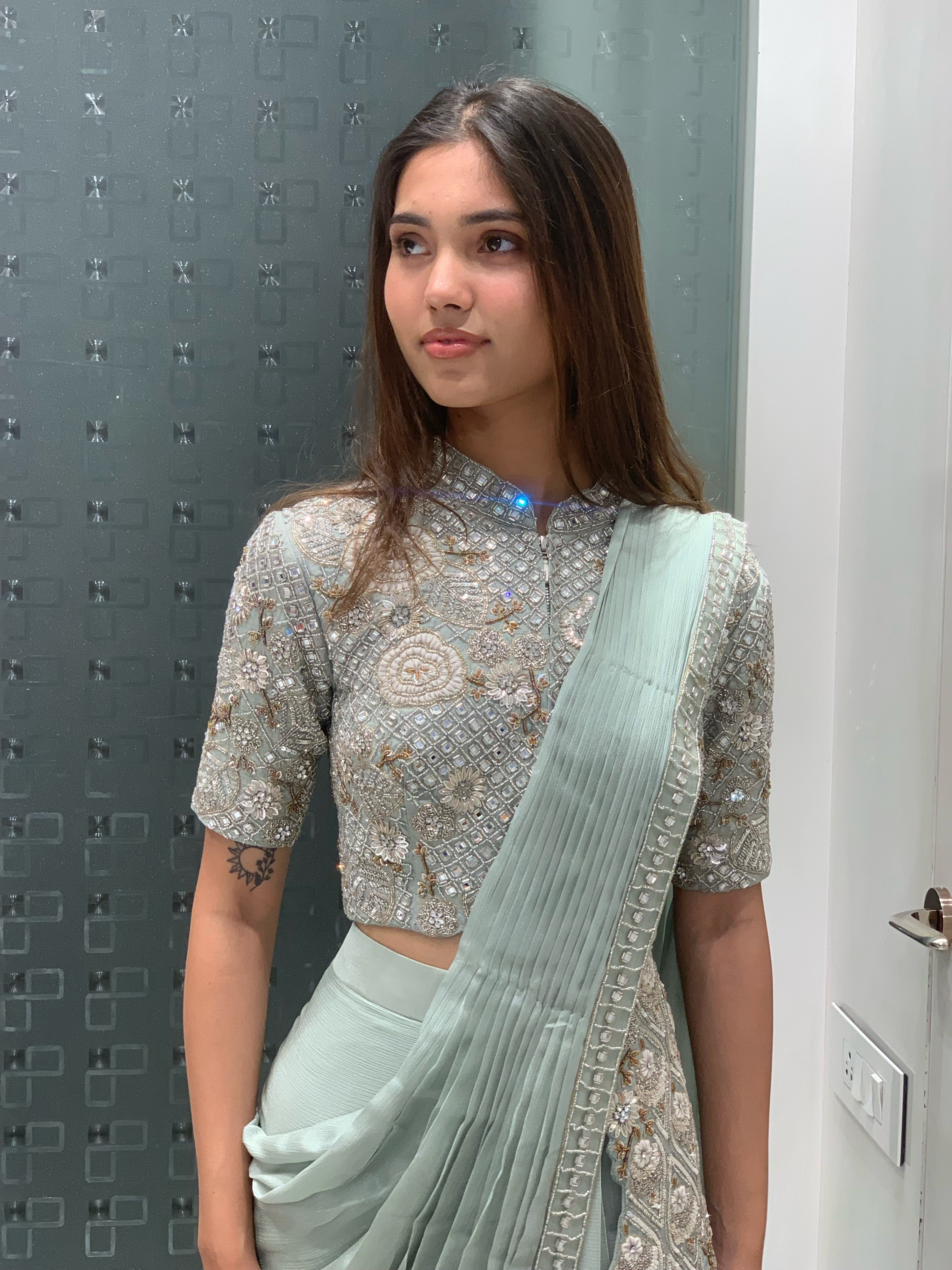 Light Teal Blue Georgette High Low Top & Drape Saree