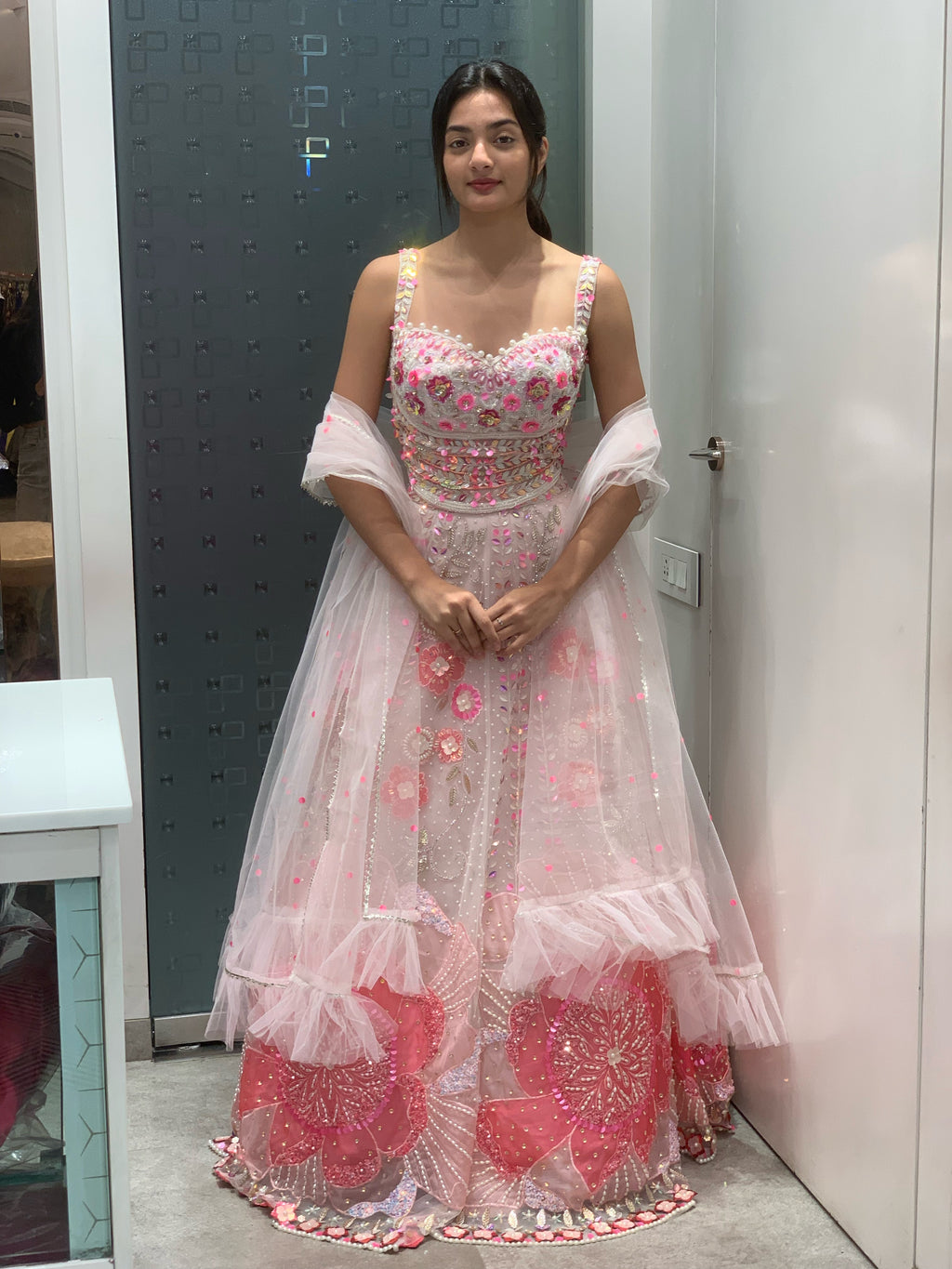 Multicolour Net Corset Blouse & Lehenga