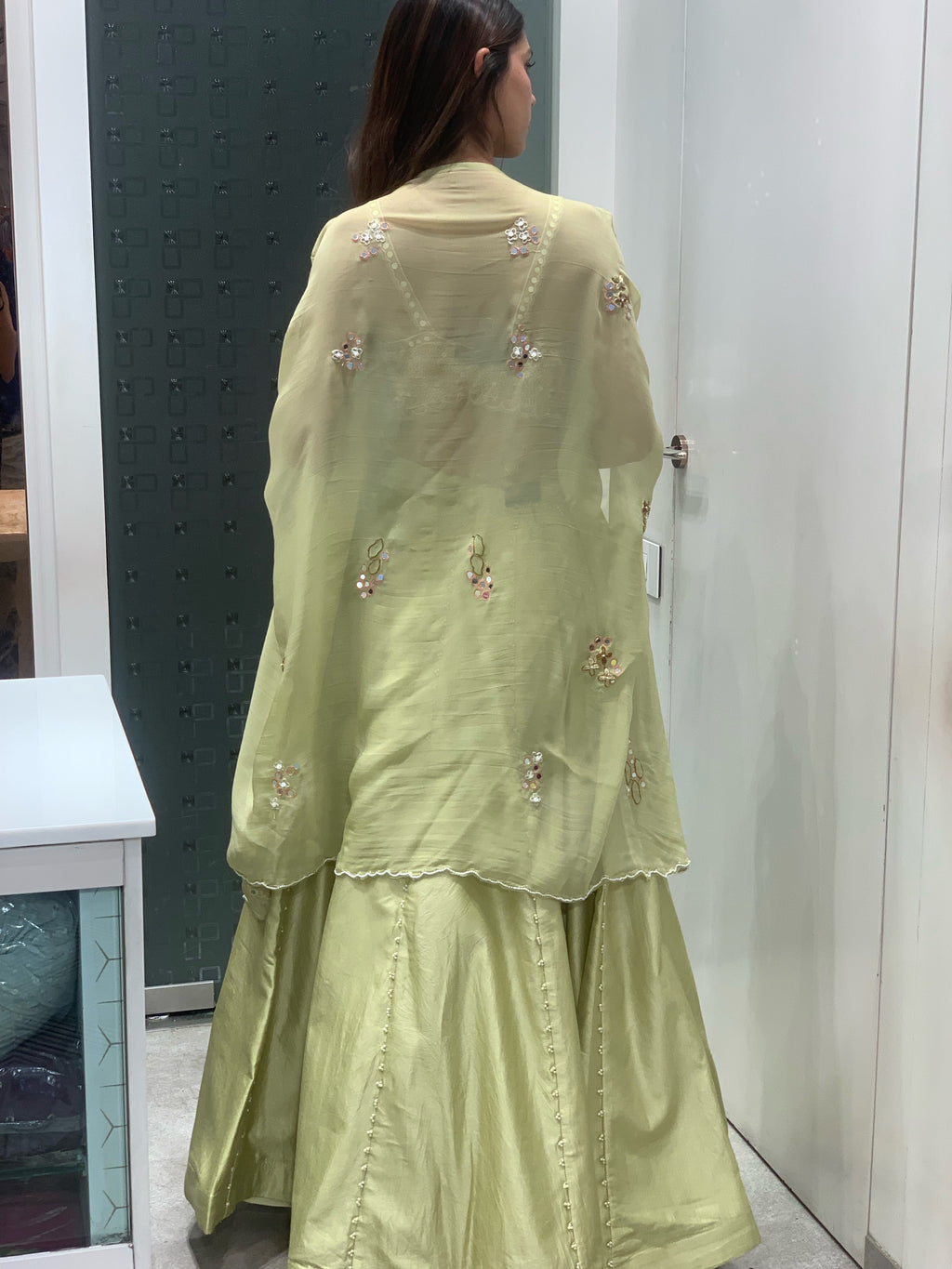 Green Cape Crop Top & Lehenga Set
