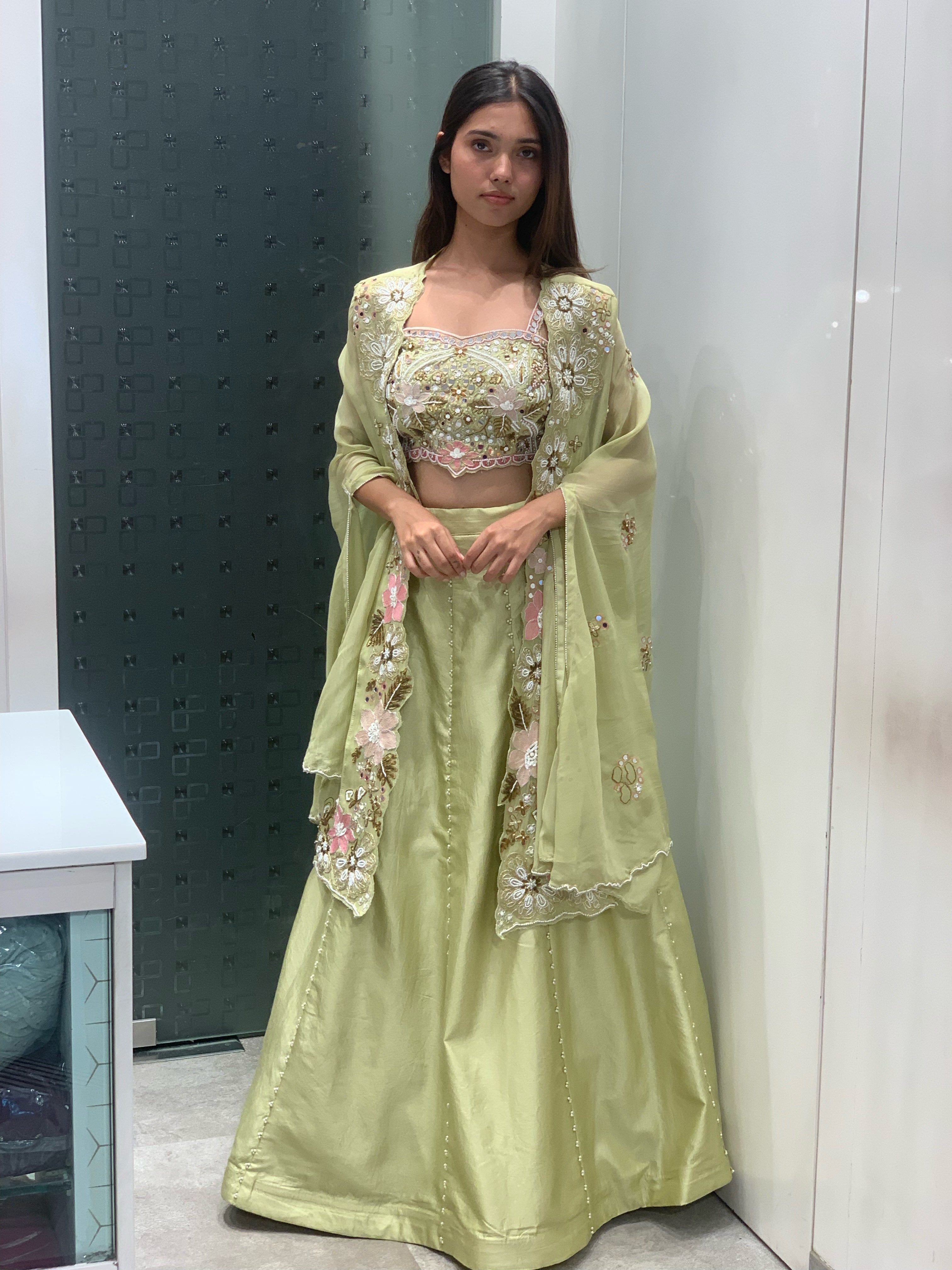 Green Cape Crop Top & Lehenga Set