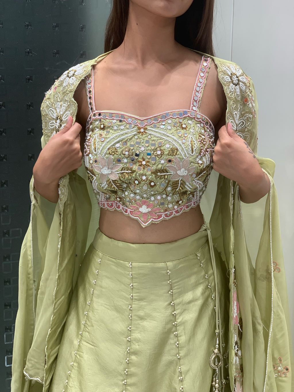 Green Cape Crop Top & Lehenga Set