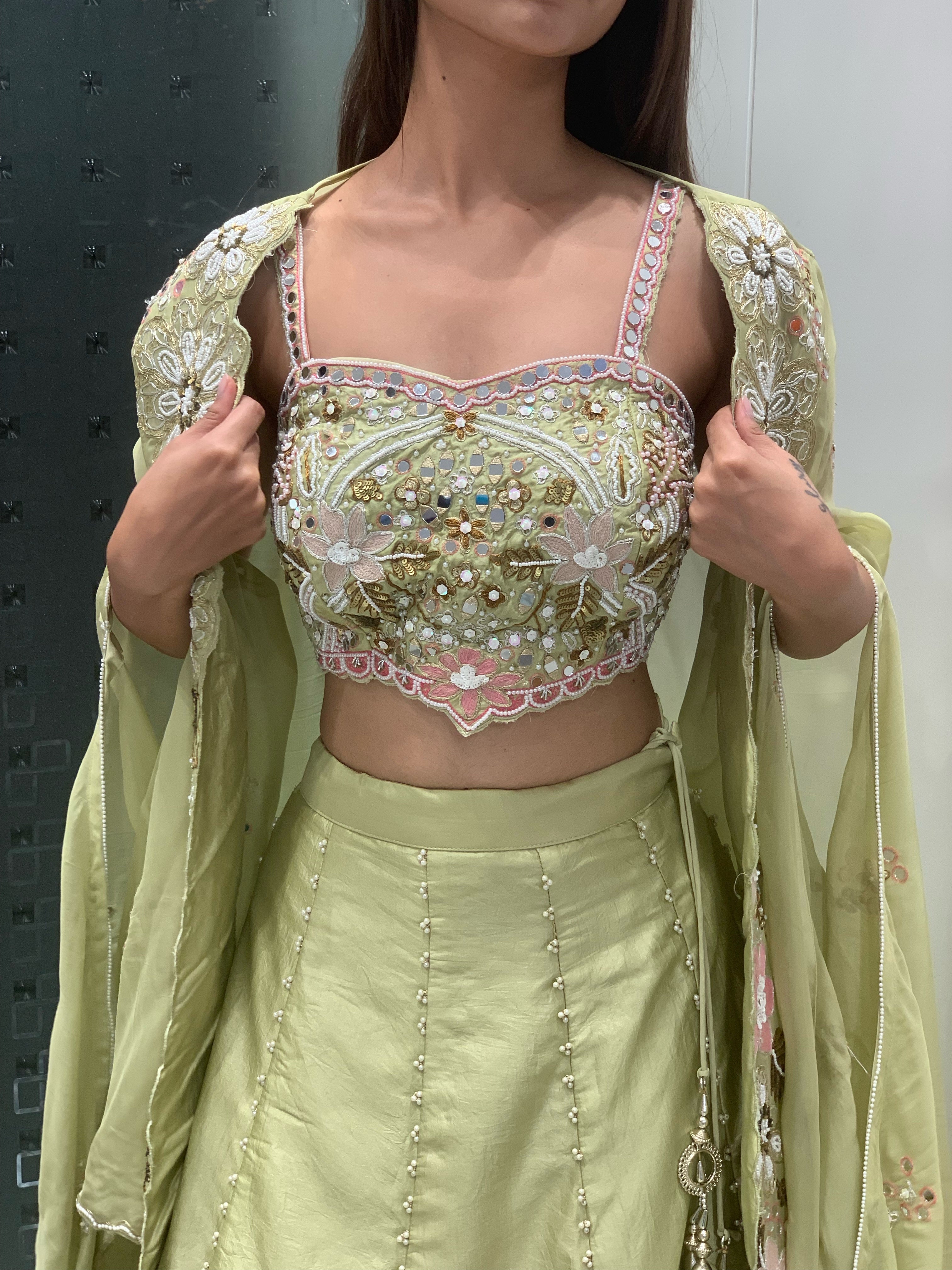 Green Cape Crop Top & Lehenga Set