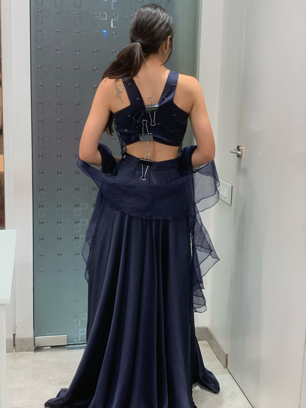 Blue Satin Silk Complete Work Halter Neck Crop Top & Flared Palazzo Pants Indo Western Set