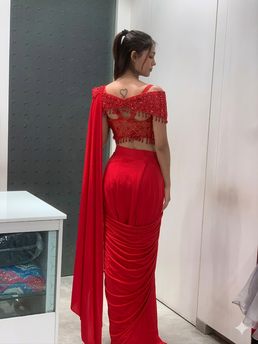Red Georgette Off Shoulder Blouse & Drape Saree