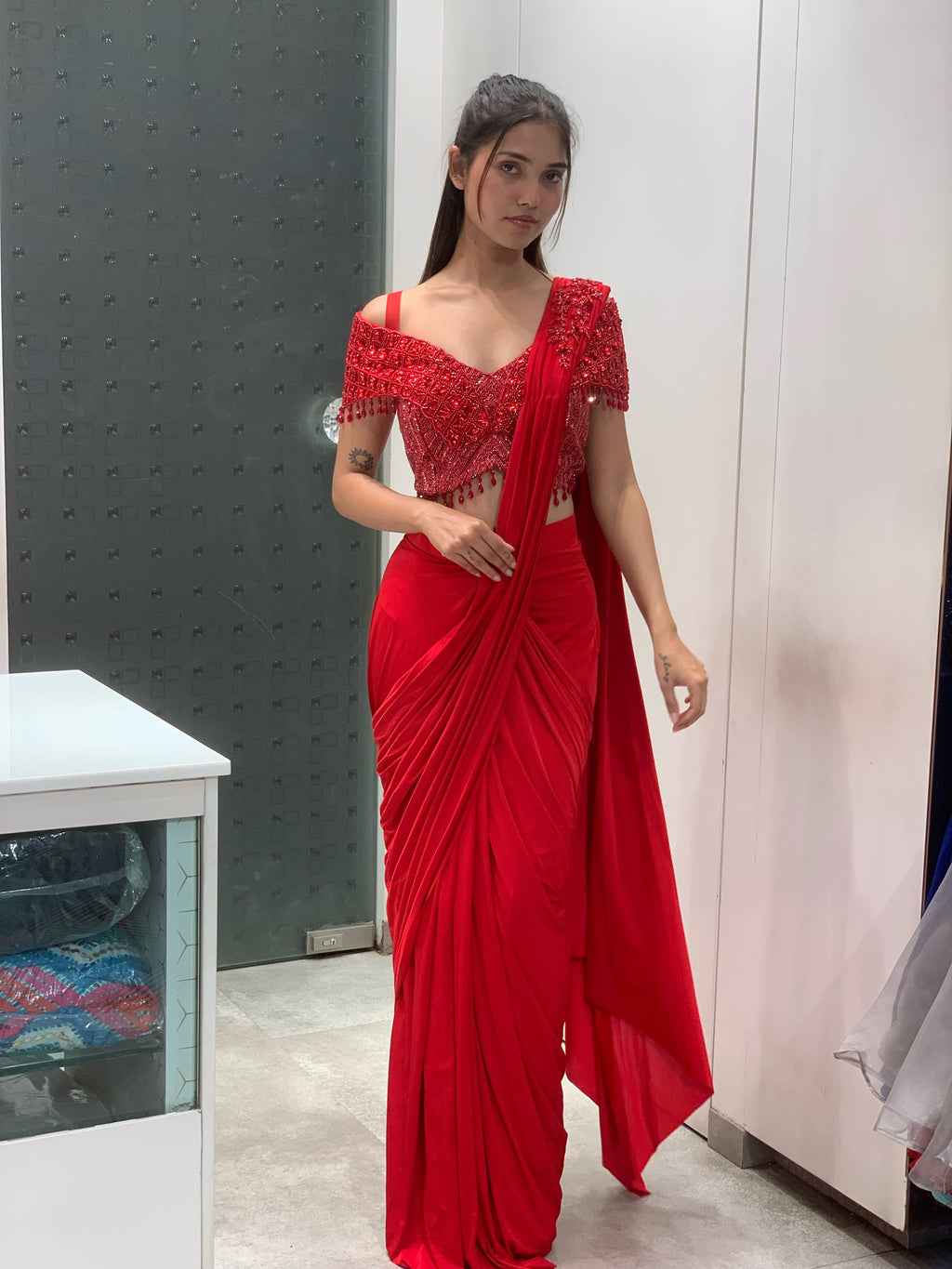 Red Georgette Off Shoulder Blouse & Drape Saree