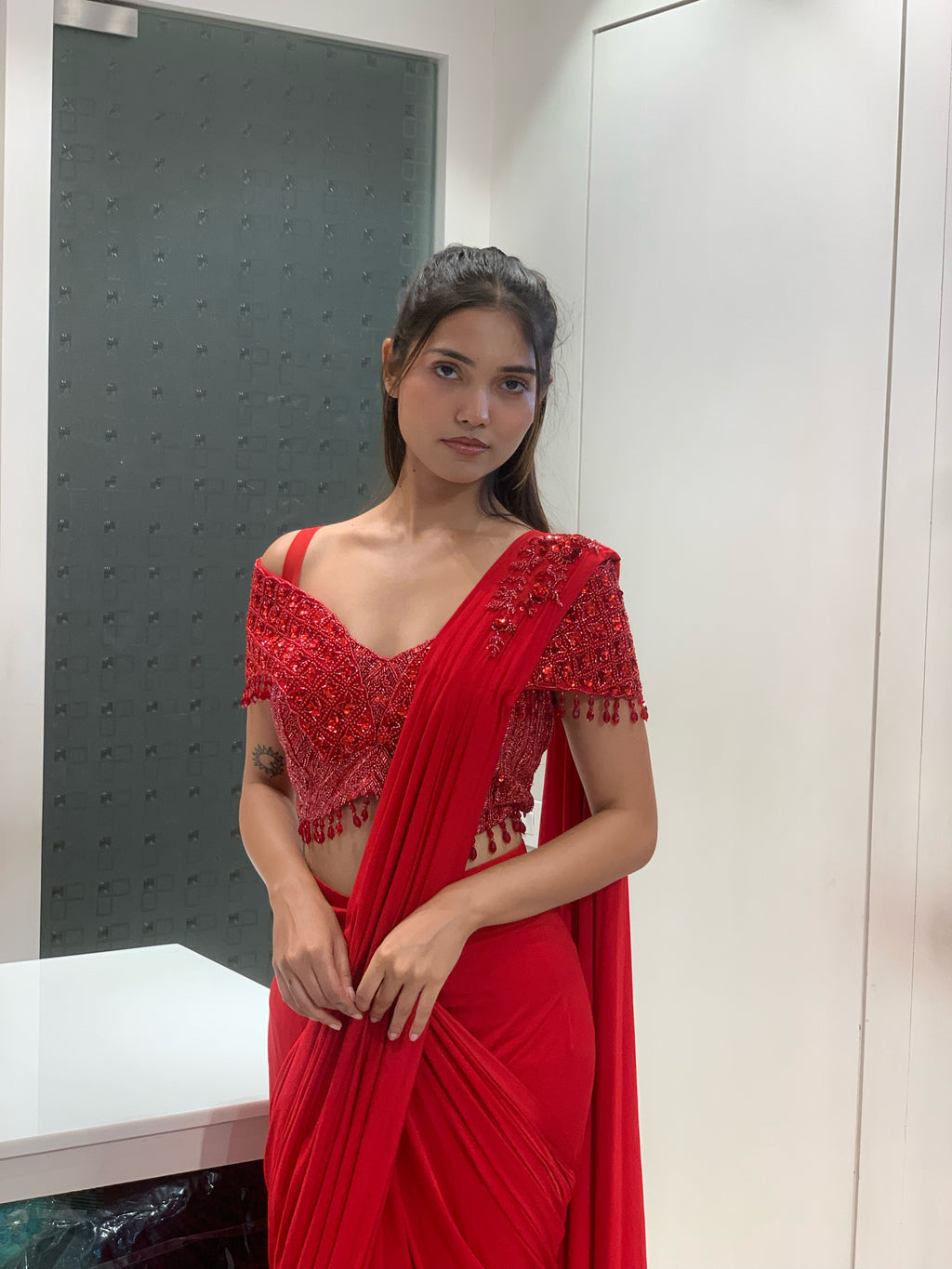Red Georgette Off Shoulder Blouse & Drape Saree
