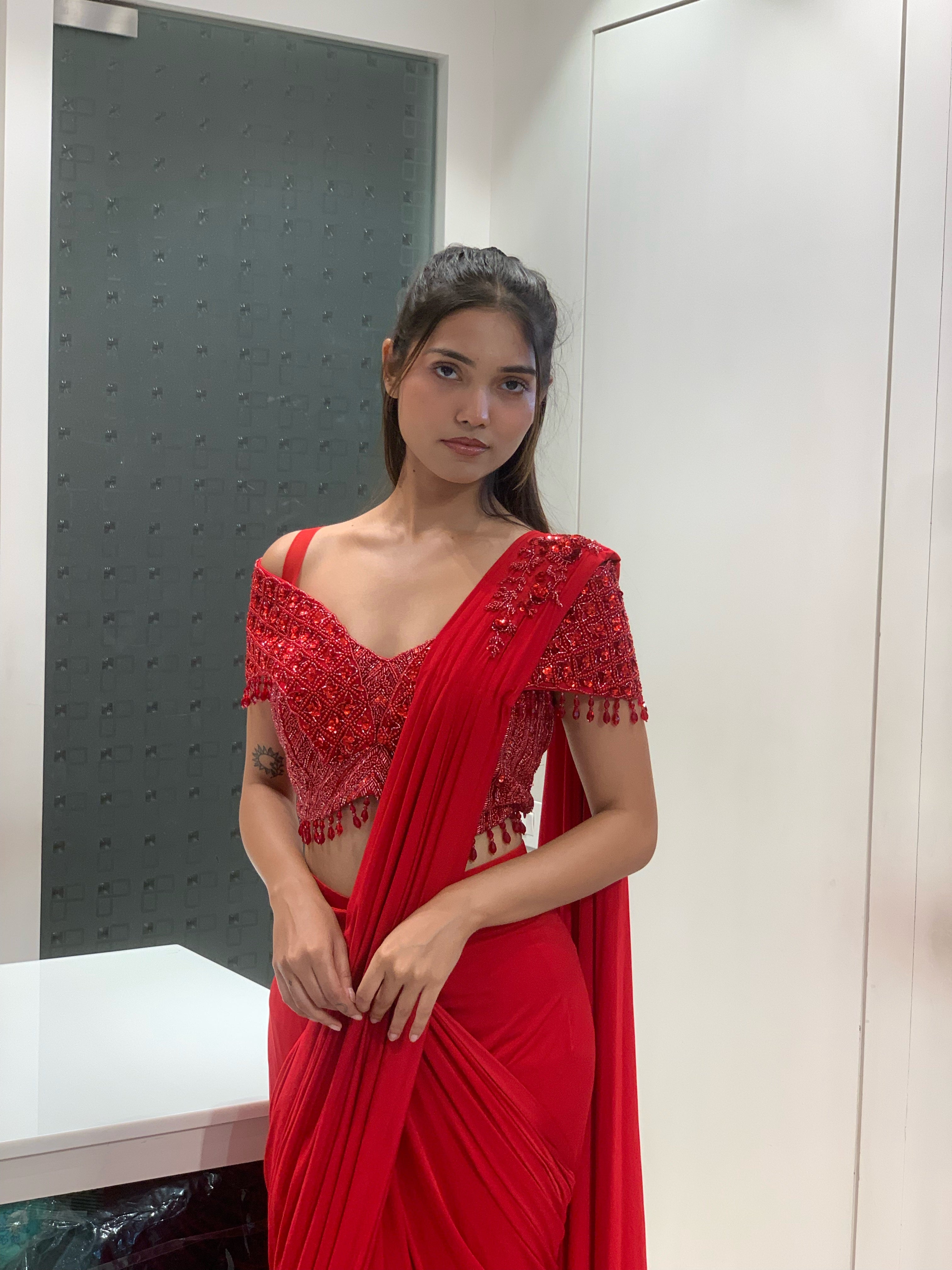 Red Georgette Off Shoulder Blouse & Drape Saree