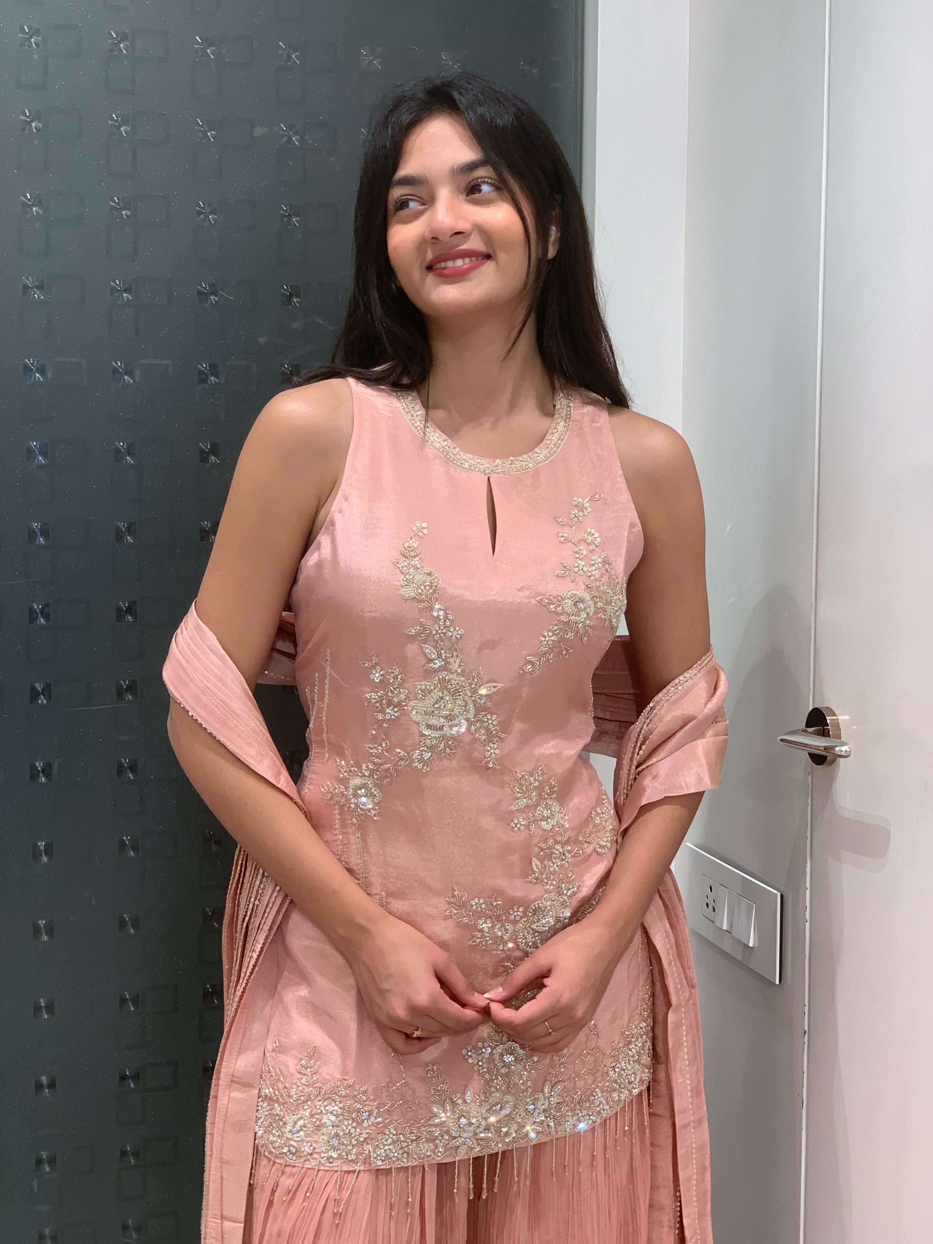 Pink Tissue Halter Neck Kurti & Pant Set