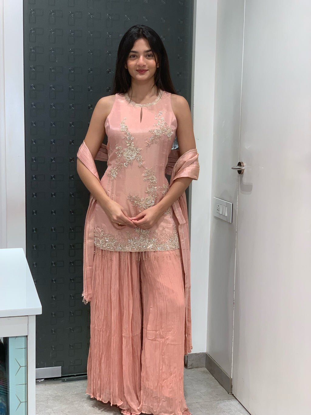 Pink Tissue Halter Neck Kurti & Pant Set