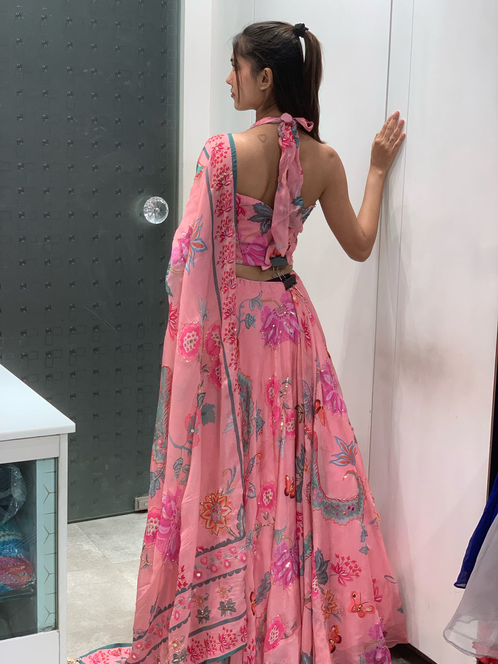 Pink Mahima Mahajan Inspired Soft Organza Halter Neck Blouse & Lehenga