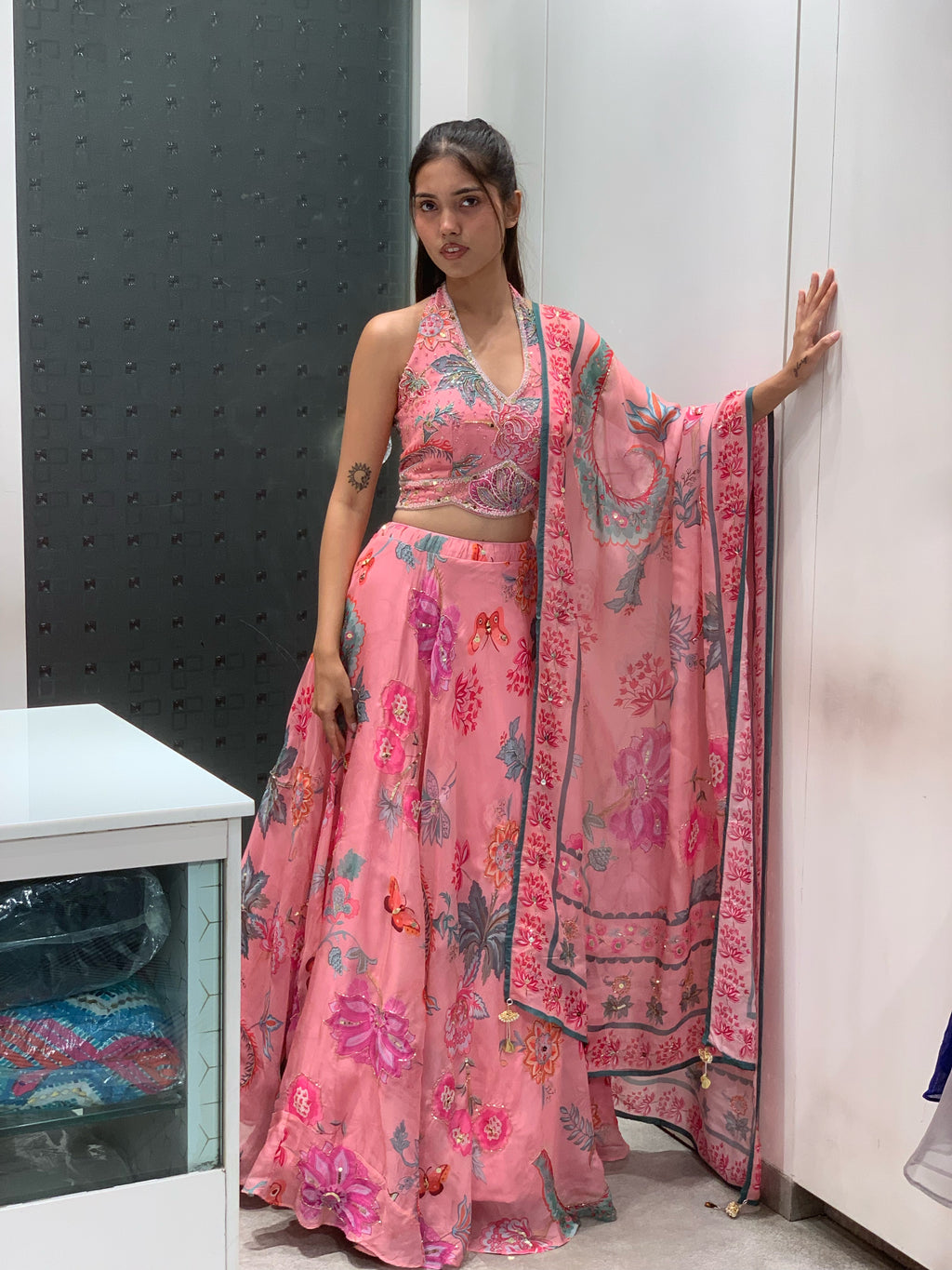 Pink Mahima Mahajan Inspired Soft Organza Halter Neck Blouse & Lehenga