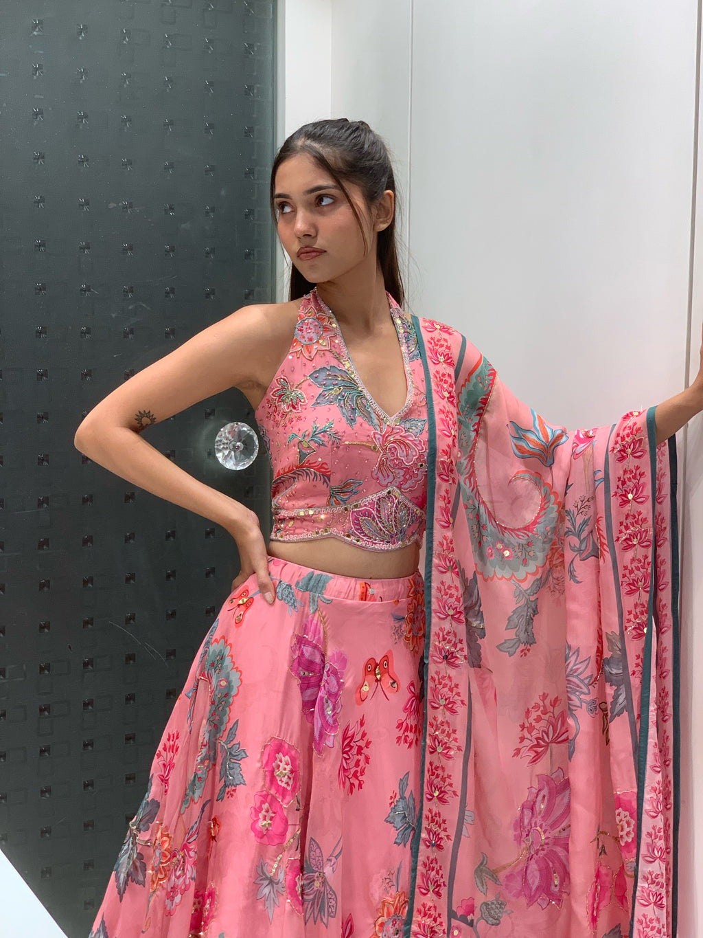 Pink Mahima Mahajan Inspired Soft Organza Halter Neck Blouse & Lehenga