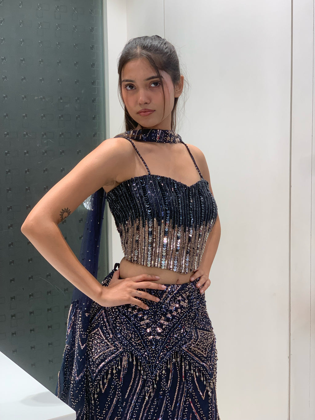 Blue Gold Fish Cut Lehenga