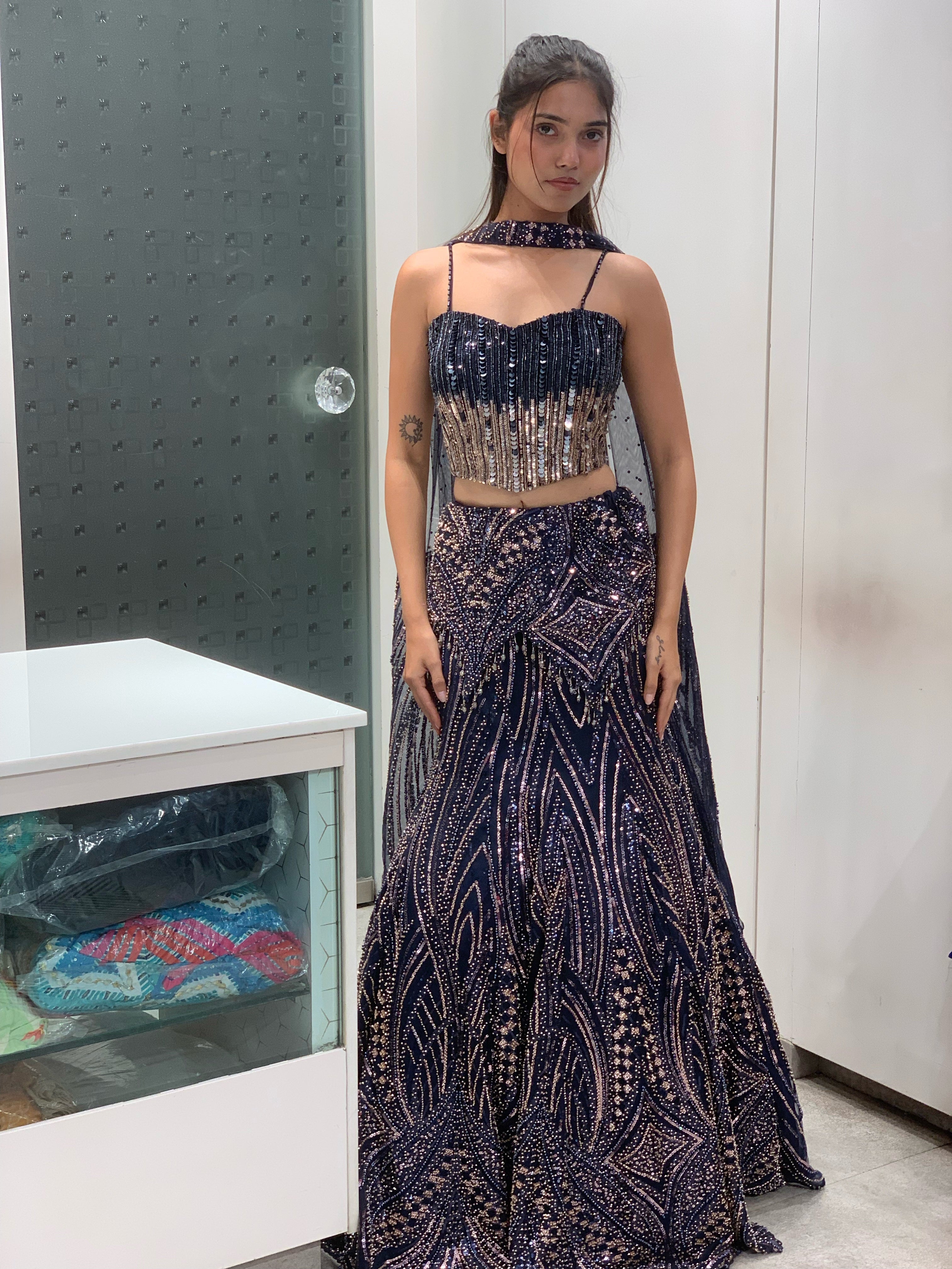 Blue Gold Fish Cut Lehenga