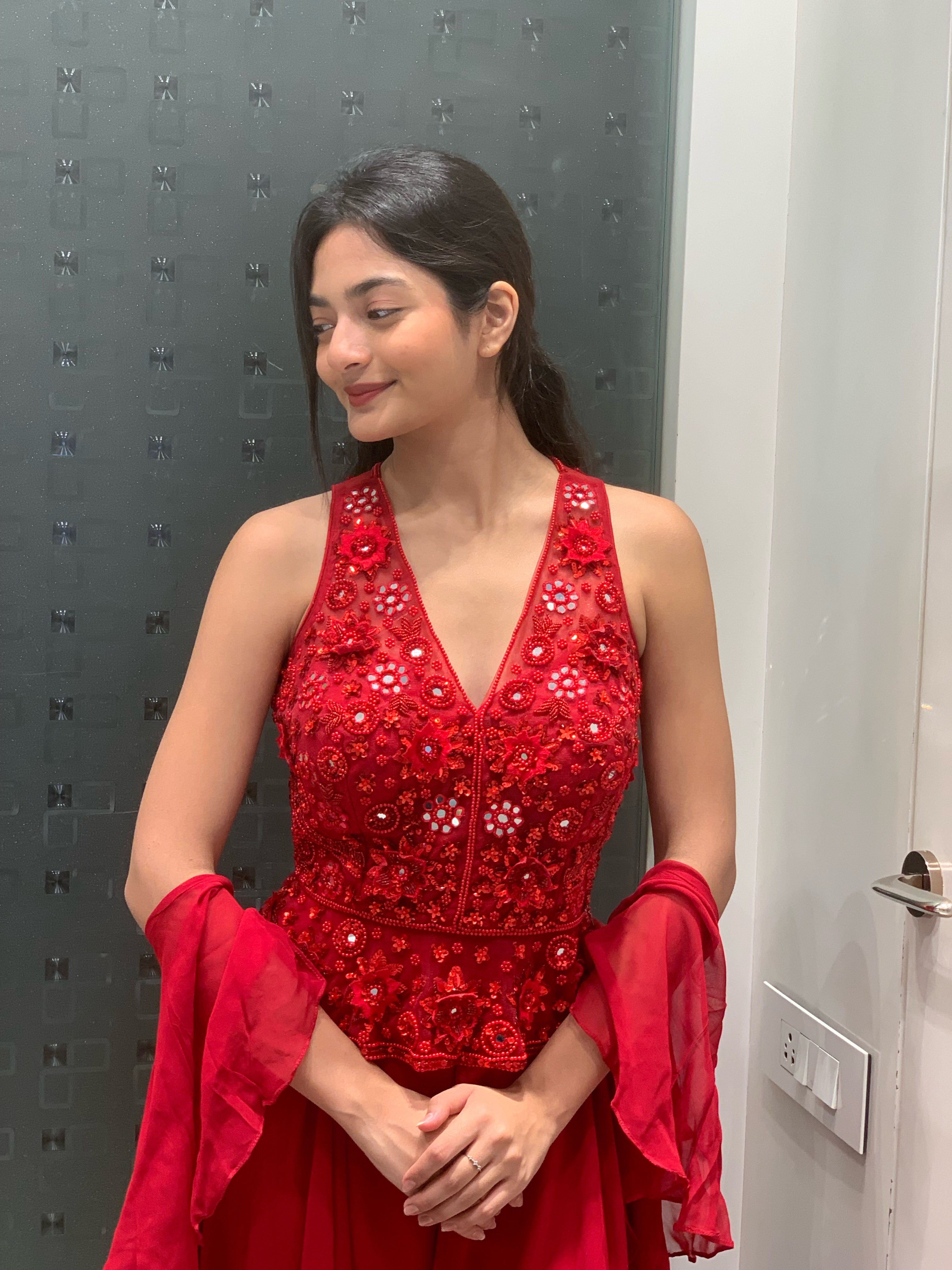 Red Net Peplum Top & Georgette Flared Pants Indo Western Set