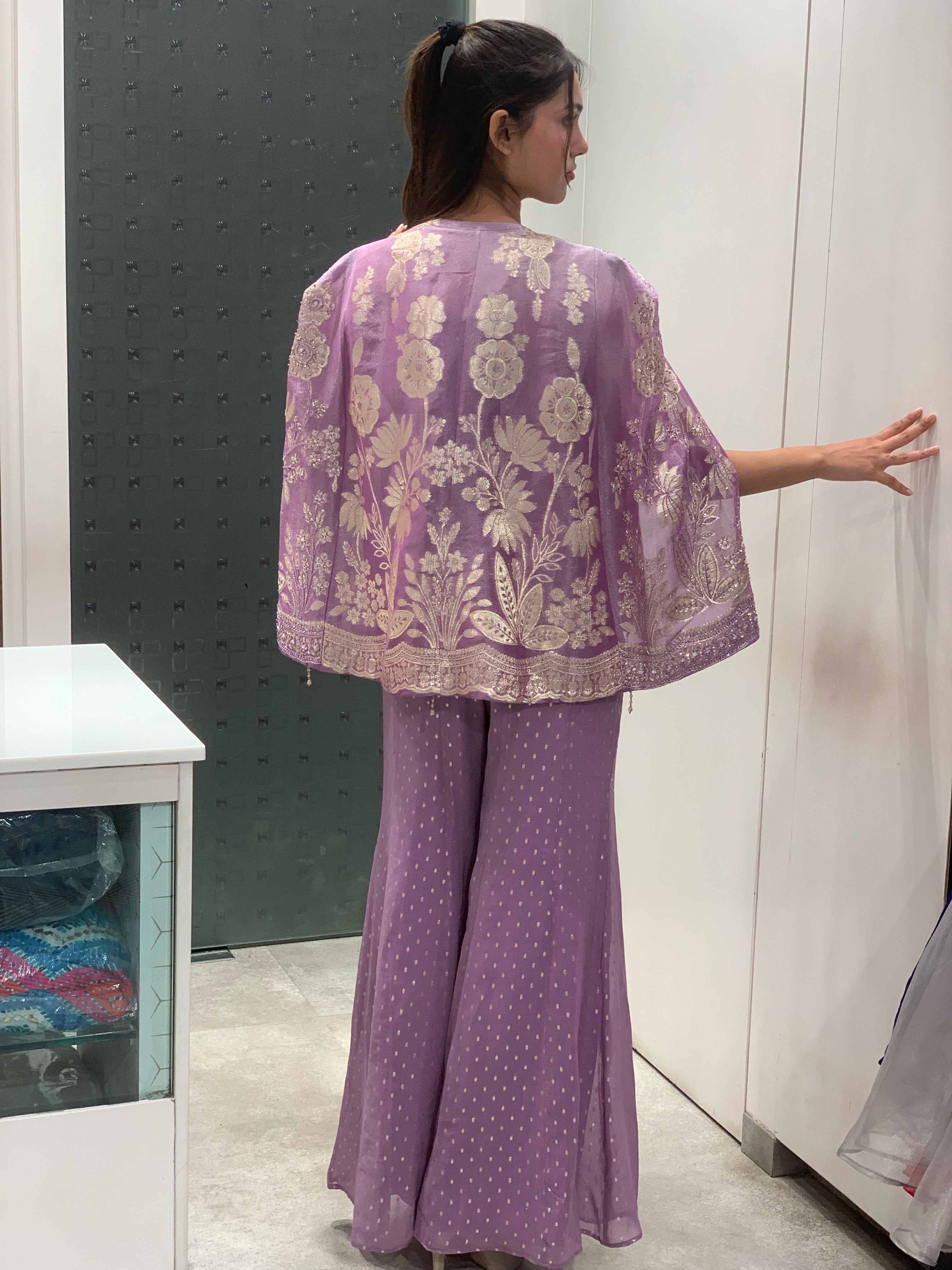 Purple Banarasi French Coat, Crop Top & Palazzo Pants Indo Western Set