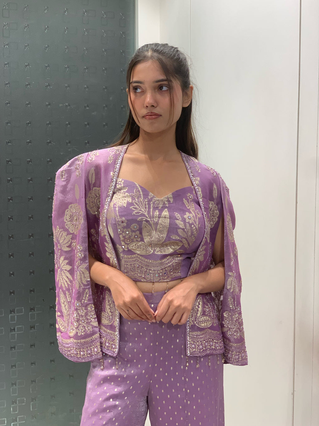 Purple Banarasi French Coat, Crop Top & Palazzo Pants Indo Western Set