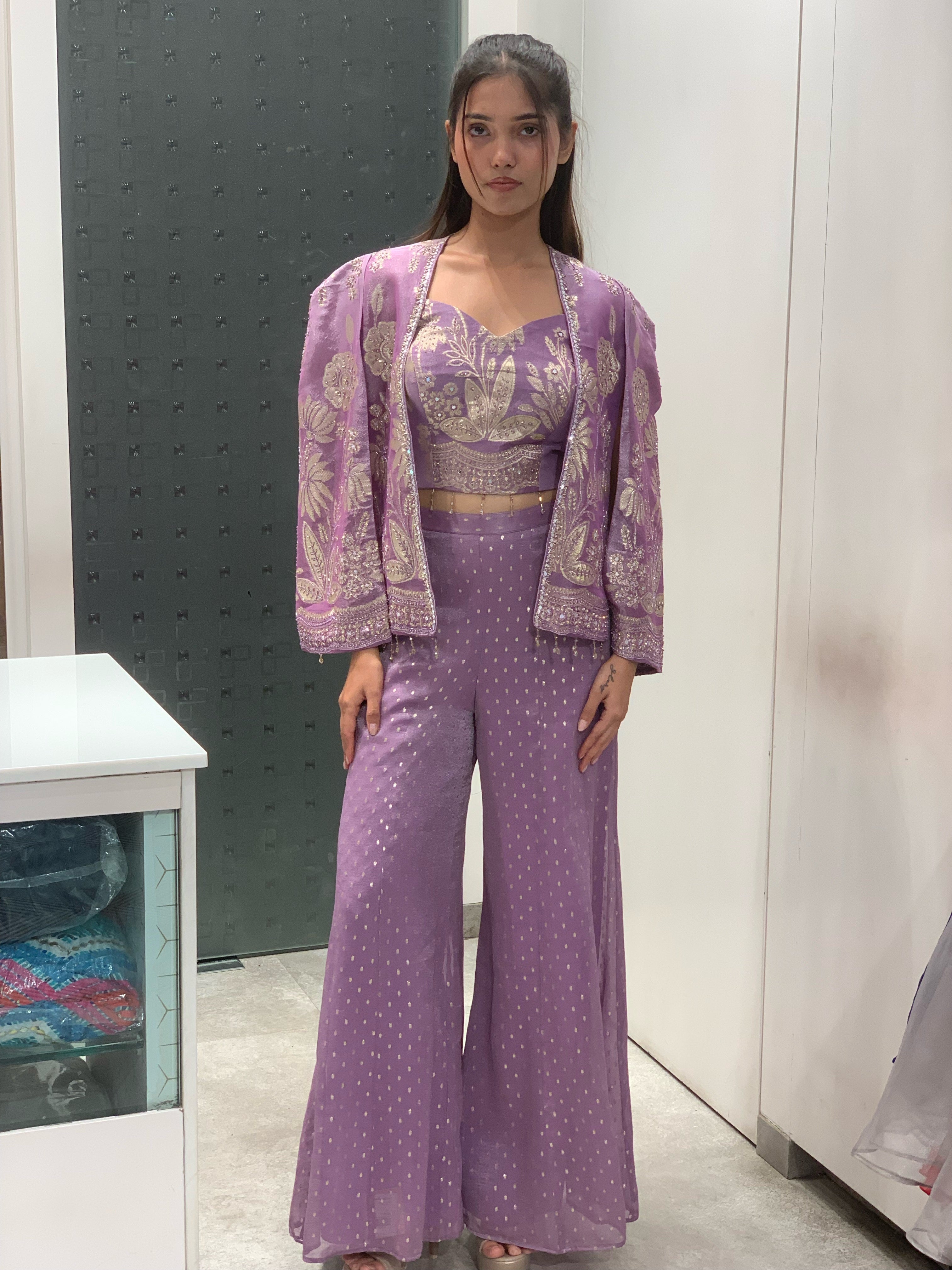 Purple Banarasi French Coat, Crop Top & Palazzo Pants Indo Western Set