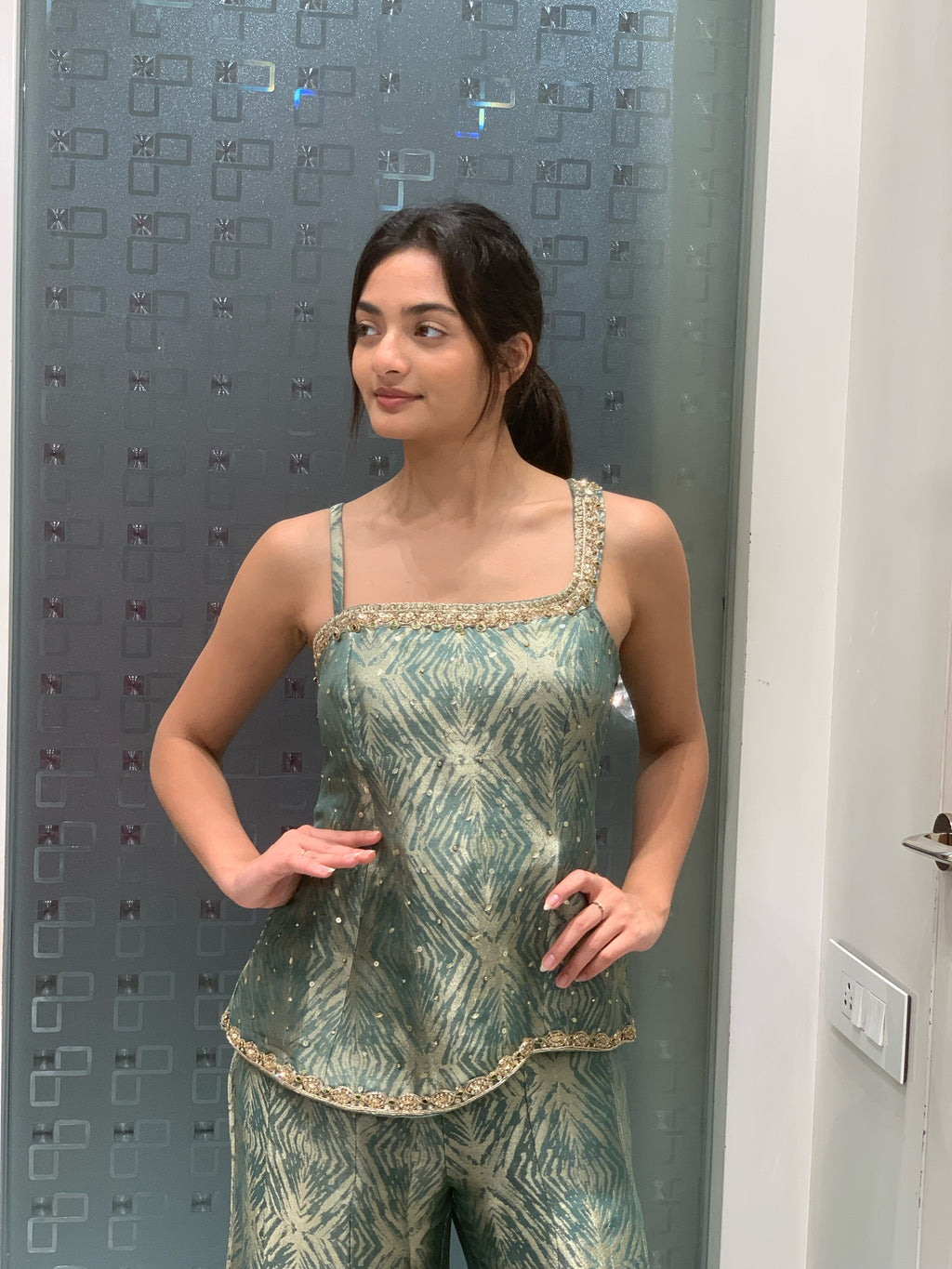 Green Tissue One Shoulder Short Top & Bell Bottom Pants Indo Western Set