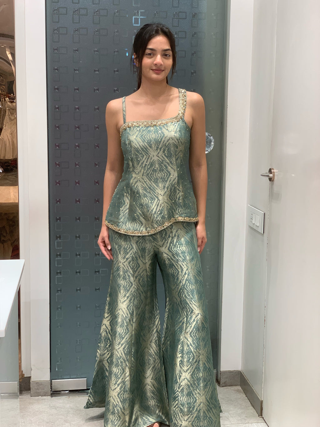 Green Tissue One Shoulder Short Top & Bell Bottom Pants Indo Western Set