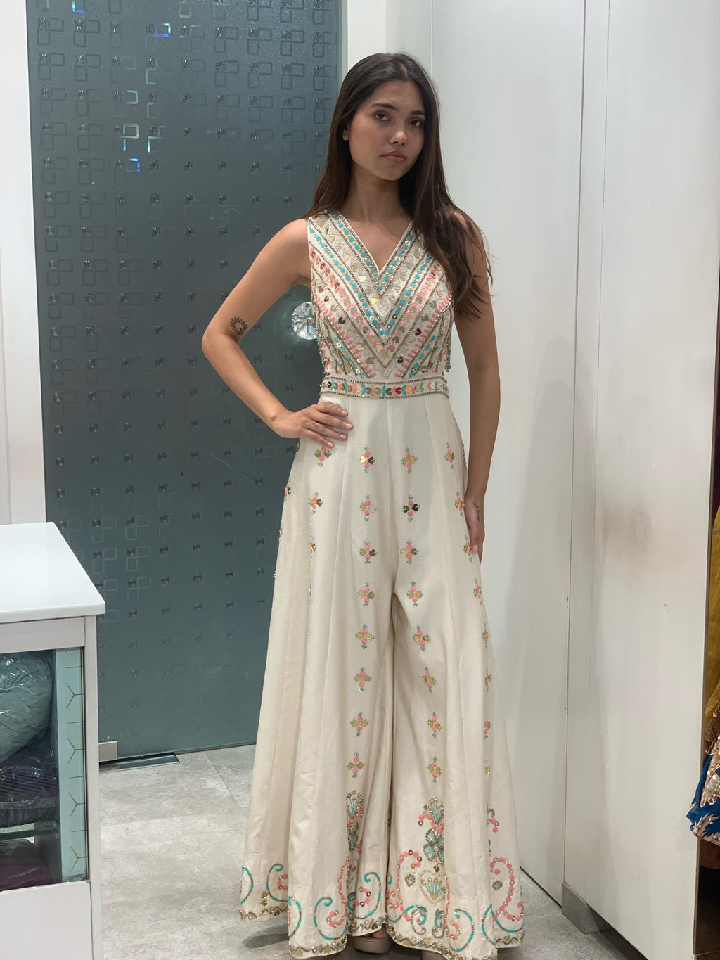 White Raw Silk Indo Western Jumpsuit