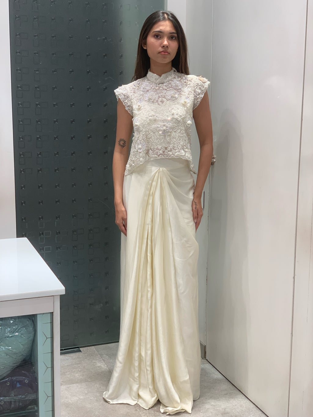 White Satin Complete Applique & Moti Work High Neck Overcoat & Drape Skirt Indo Western Set