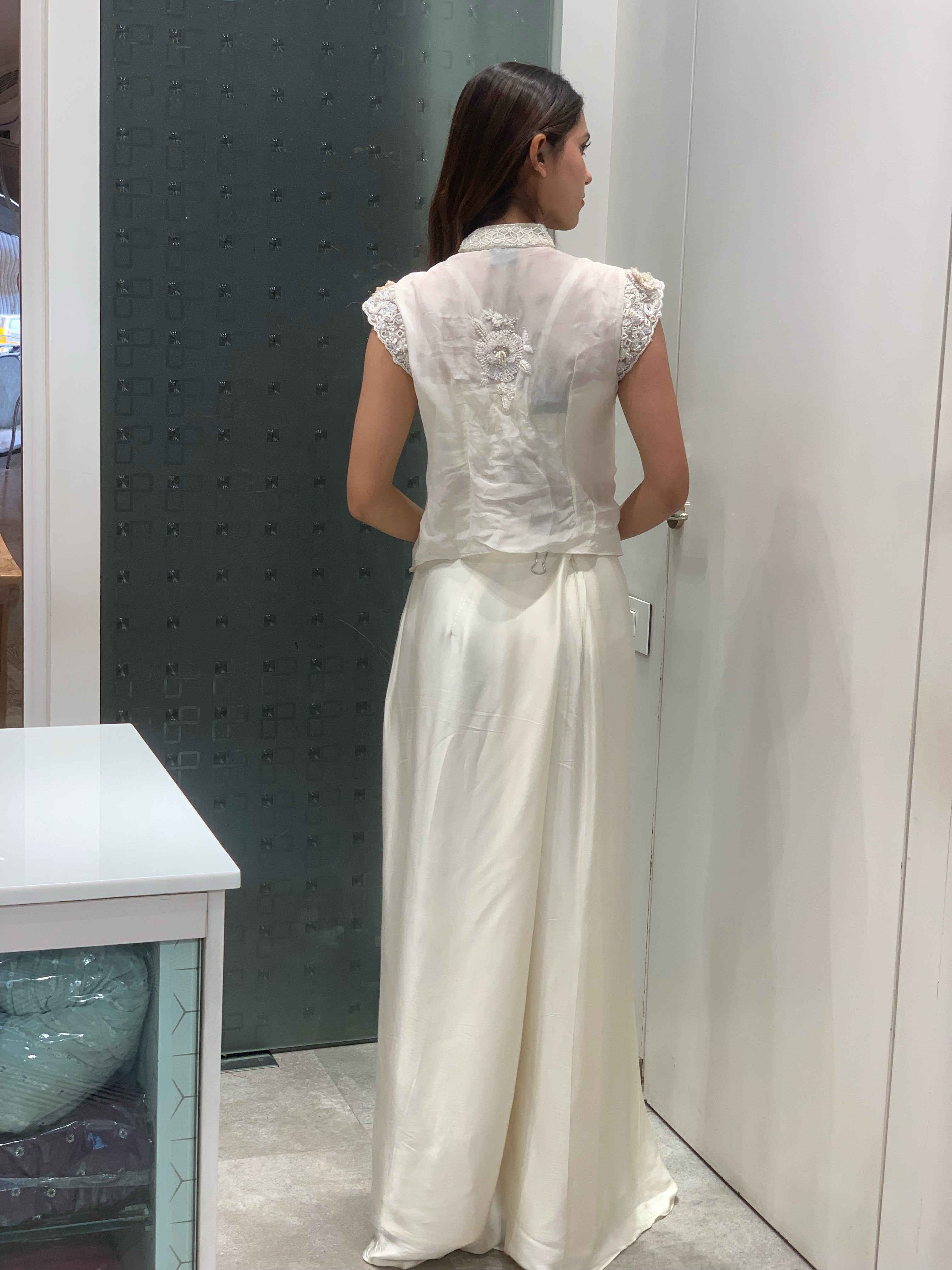 White Satin Complete Applique & Moti Work High Neck Overcoat & Drape Skirt Indo Western Set