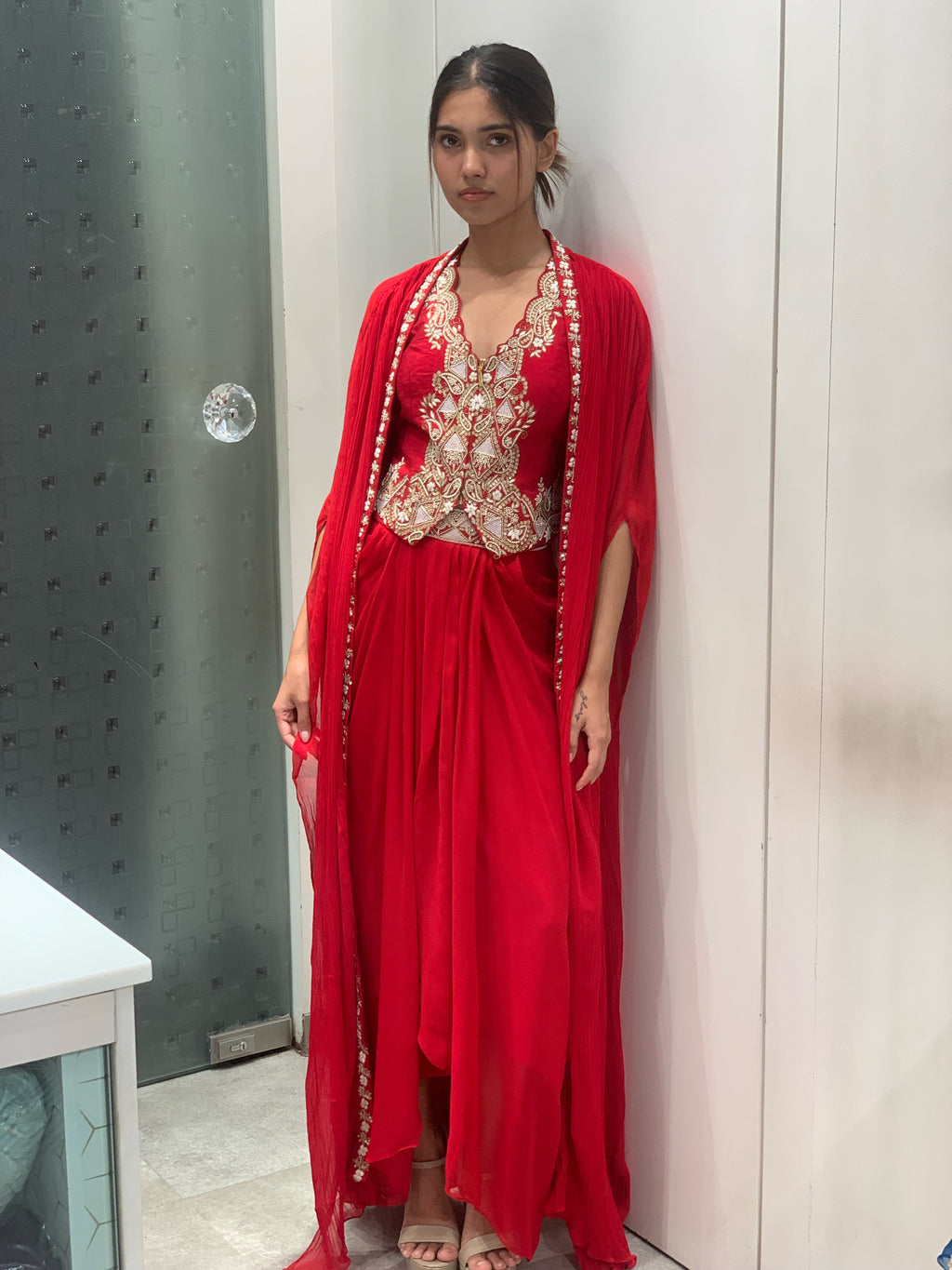 Red Georgette Vest Top, Drape Skirt & Cape Indo Western Set