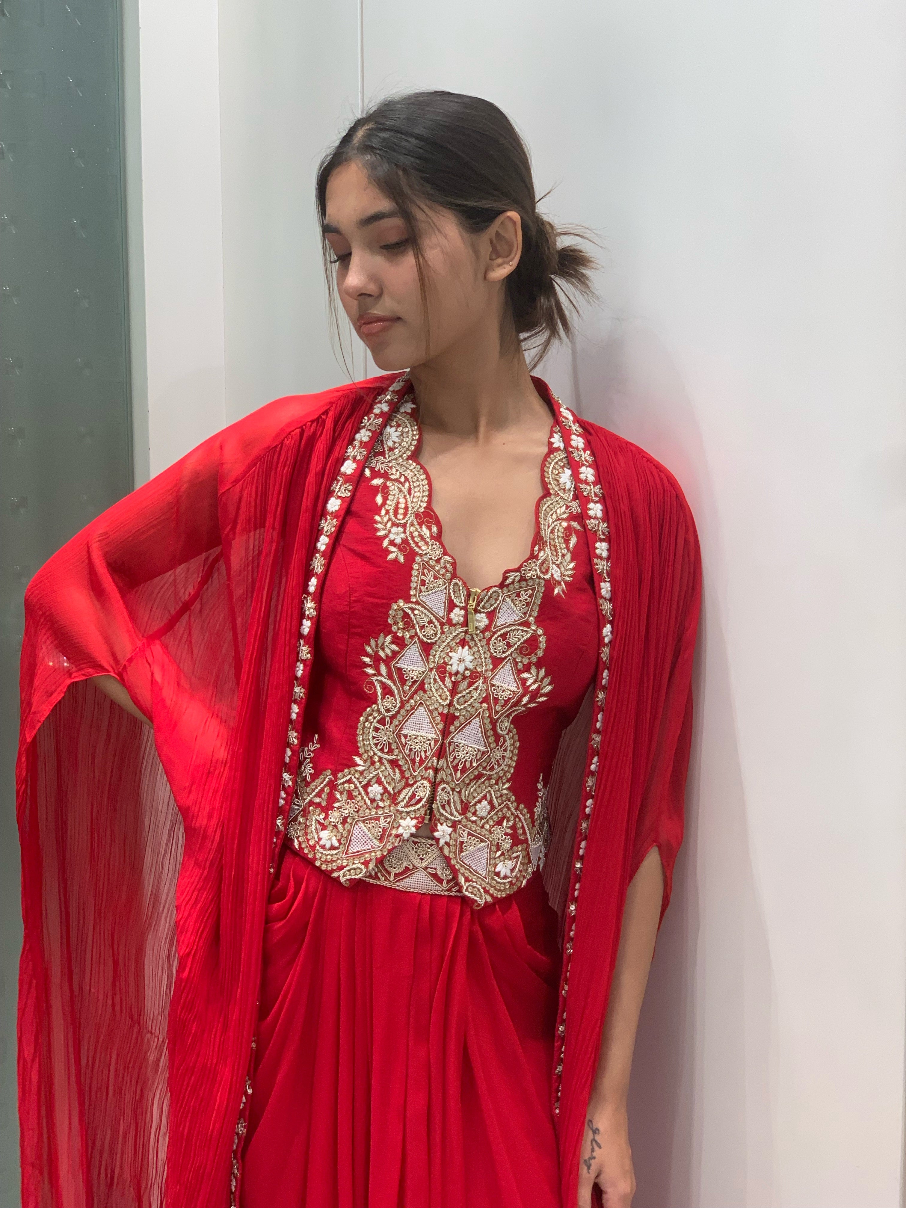 Red Georgette Vest Top, Drape Skirt & Cape Indo Western Set