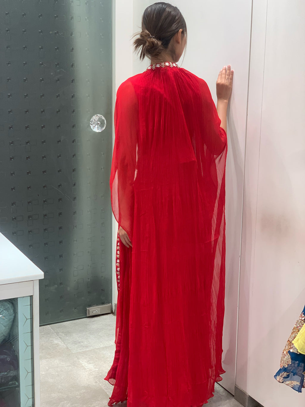 Red Georgette Vest Top, Drape Skirt & Cape Indo Western Set