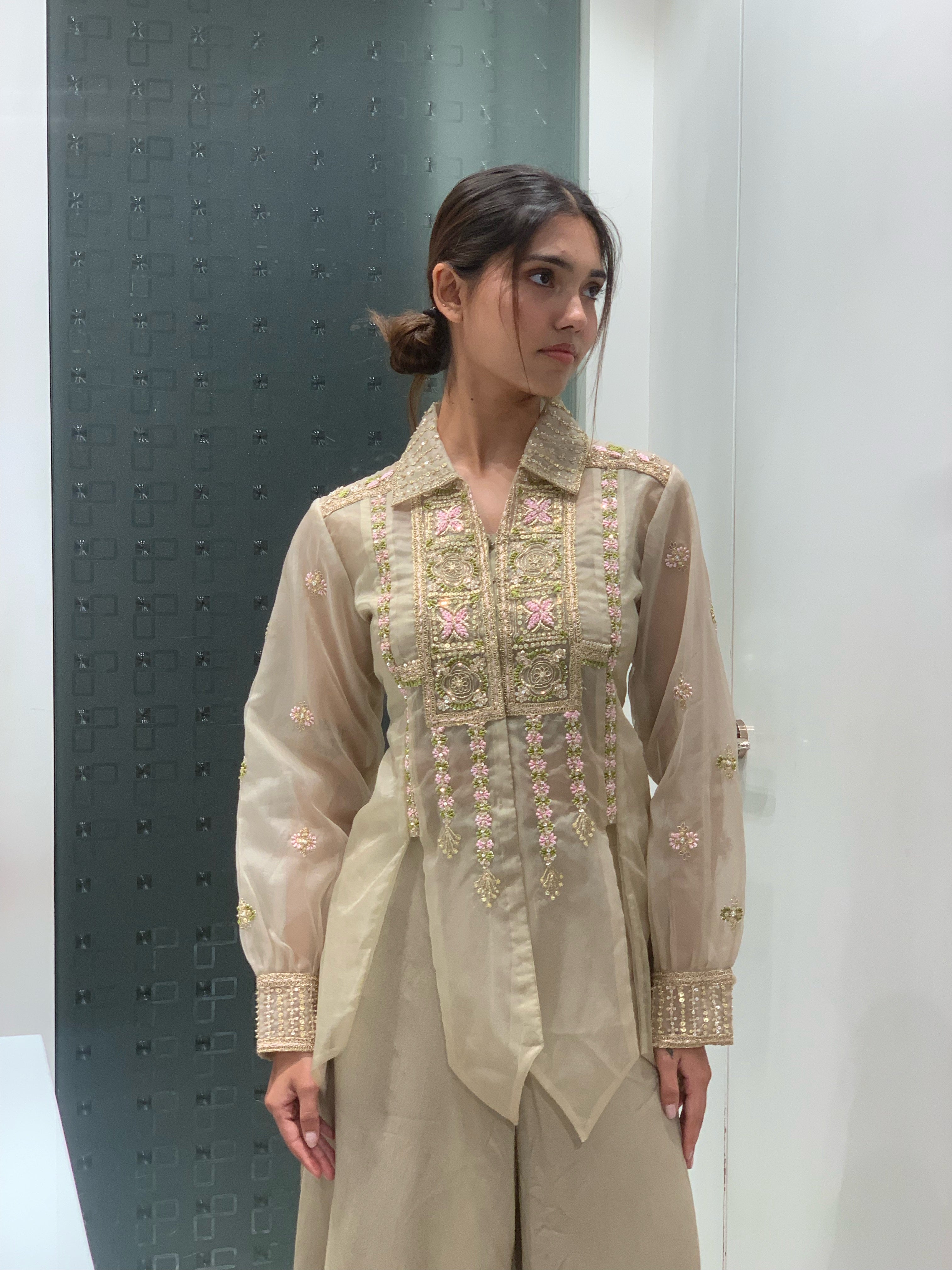 Beige Soft Net Top & Pants Co-ord Set