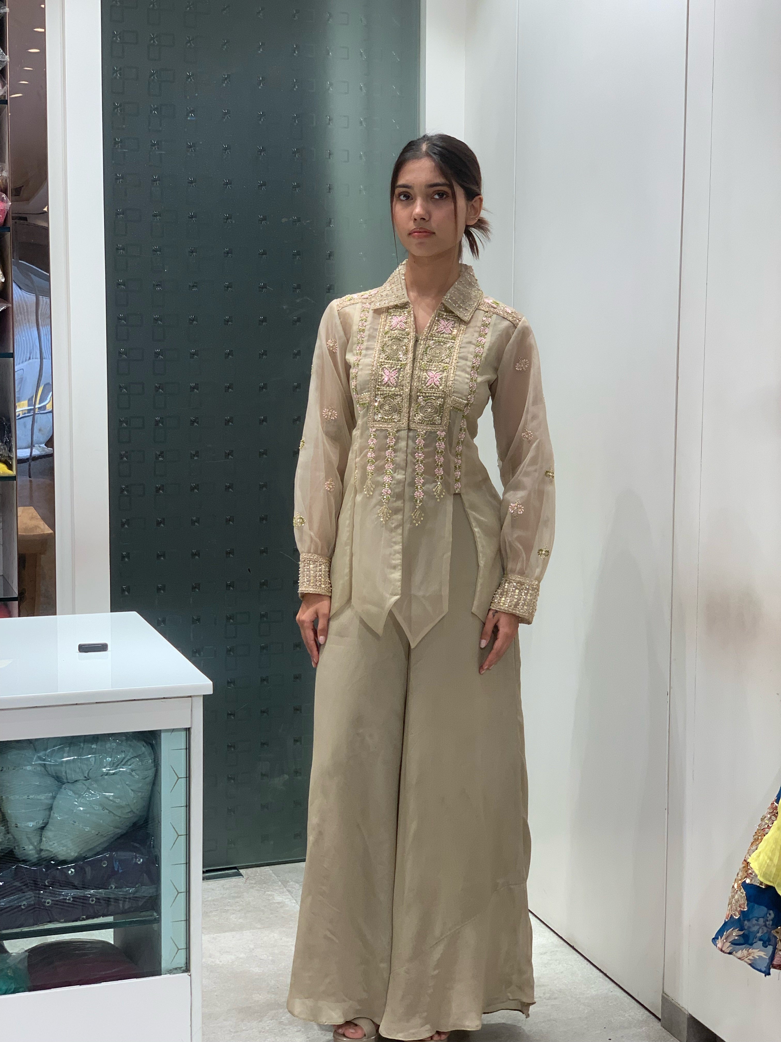 Beige Soft Net Top & Pants Co-ord Set