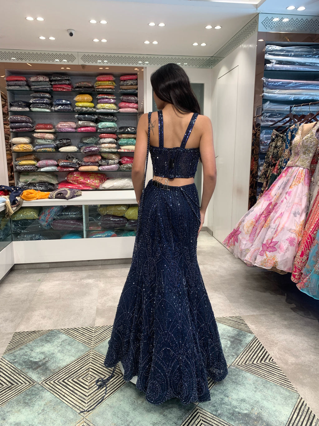 Navy Blue Net Pearl Pallu Detailing Blouse & Drape Lehenga