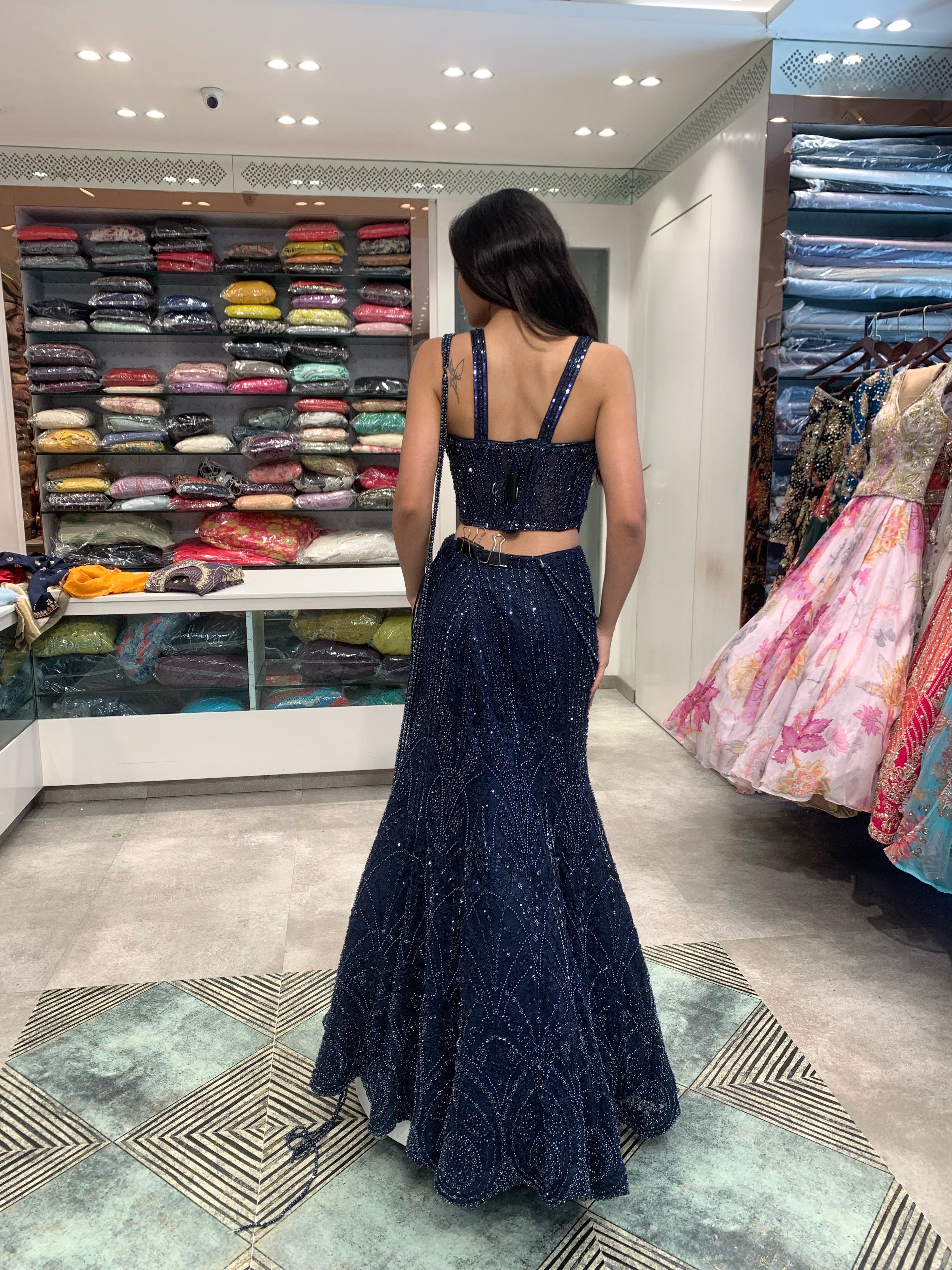 Navy Blue Net Pearl Pallu Detailing Blouse & Drape Lehenga