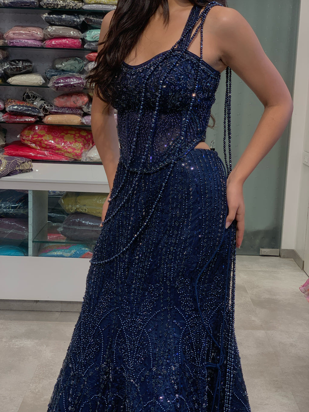 Navy Blue Net Pearl Pallu Detailing Blouse & Drape Lehenga