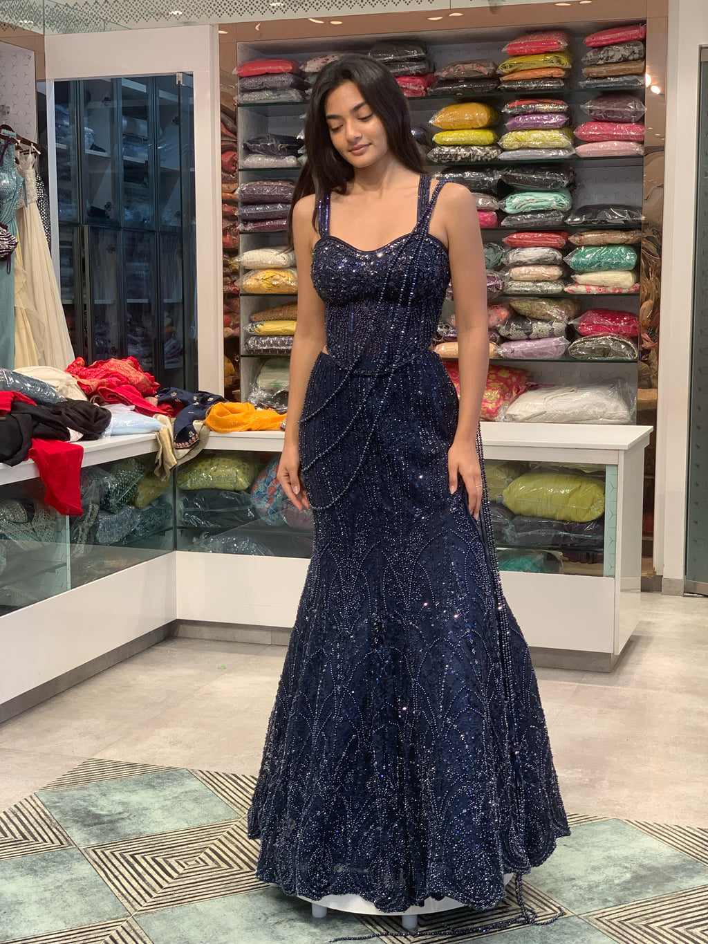 Navy Blue Net Pearl Pallu Detailing Blouse & Drape Lehenga