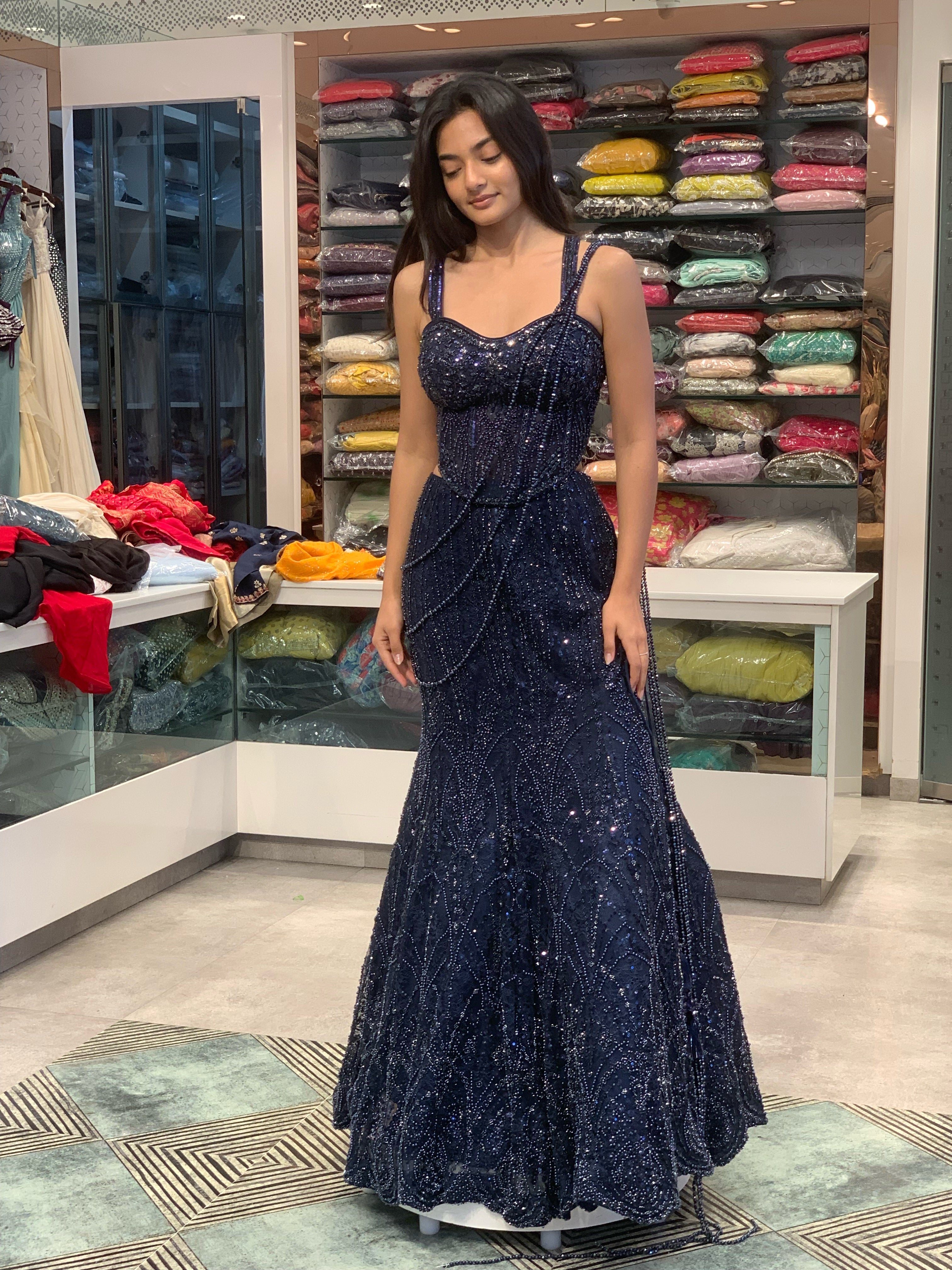 Navy Blue Net Pearl Pallu Detailing Blouse & Drape Lehenga