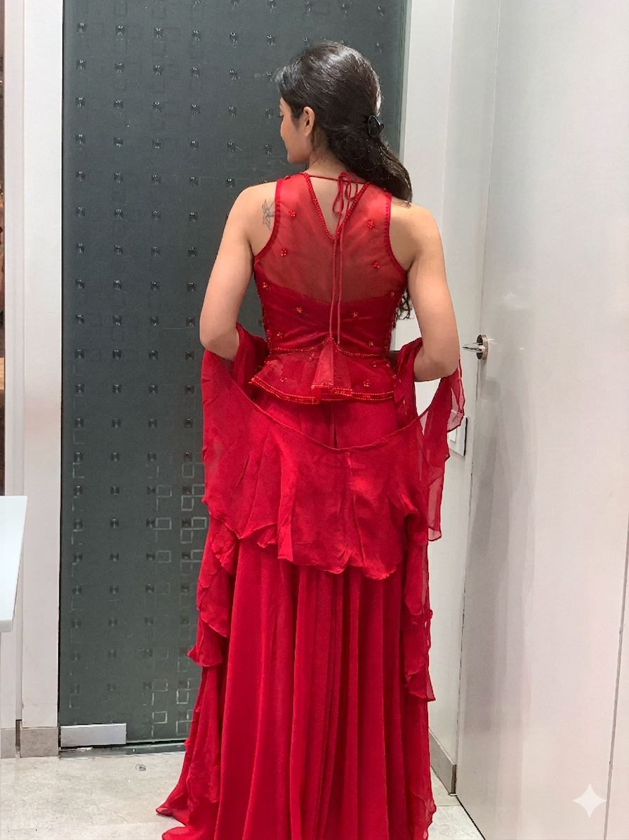 Red Net Peplum Top & Georgette Flared Pants Indo Western Set