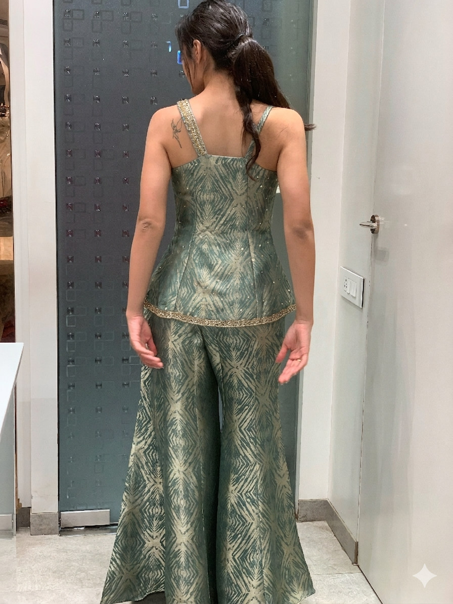Green Tissue One Shoulder Short Top & Bell Bottom Pants Indo Western Set
