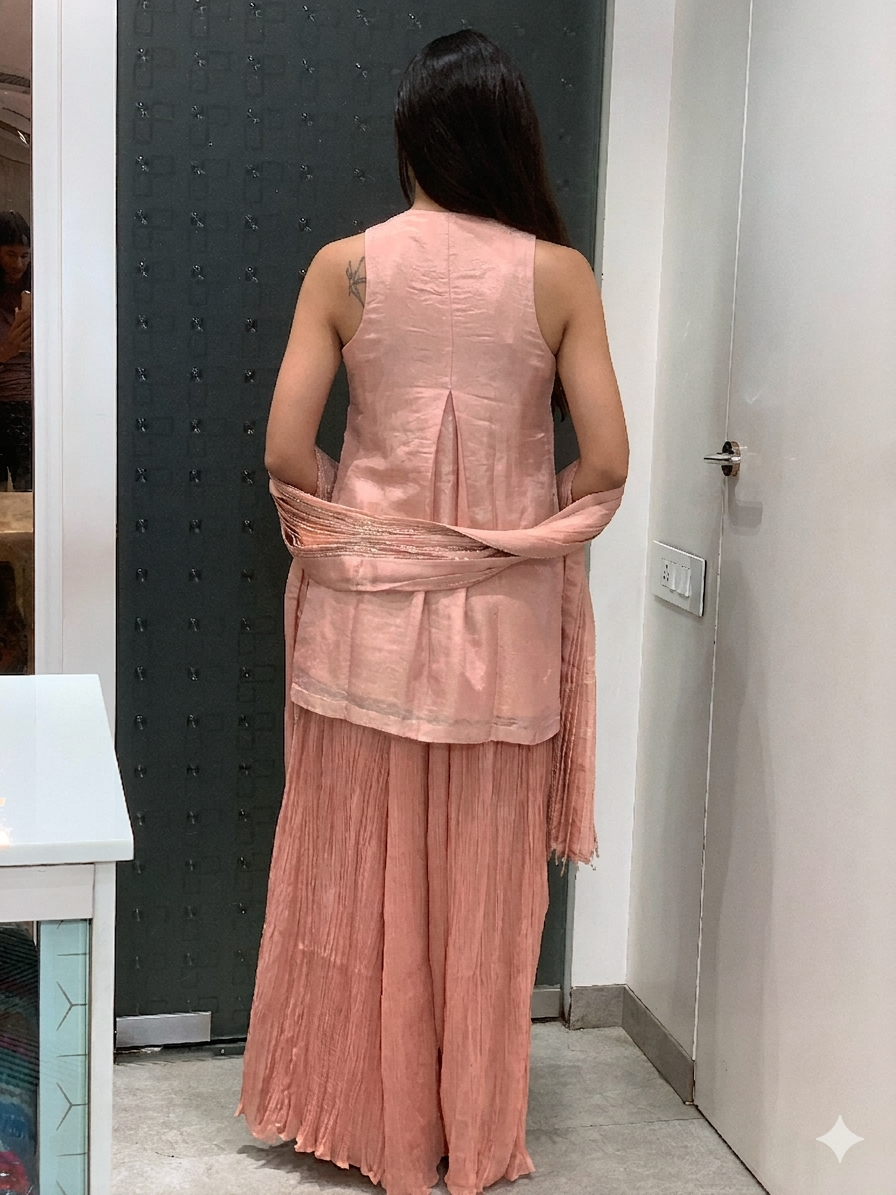 Pink Tissue Halter Neck Kurti & Pant Set