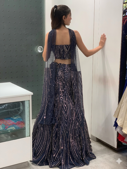 Blue Gold Fish Cut Lehenga